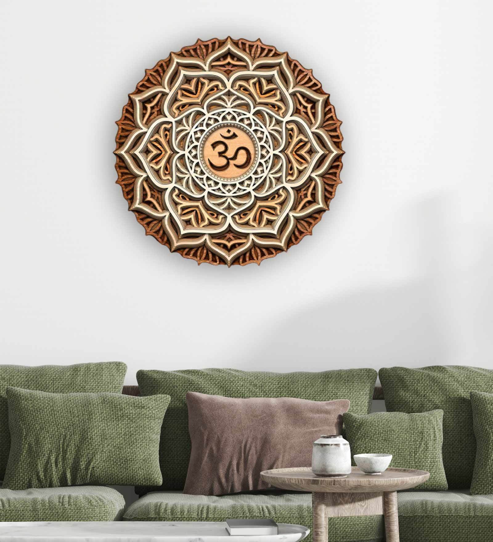 Brown Om Relief Sculpture Pine Wood Wall Art