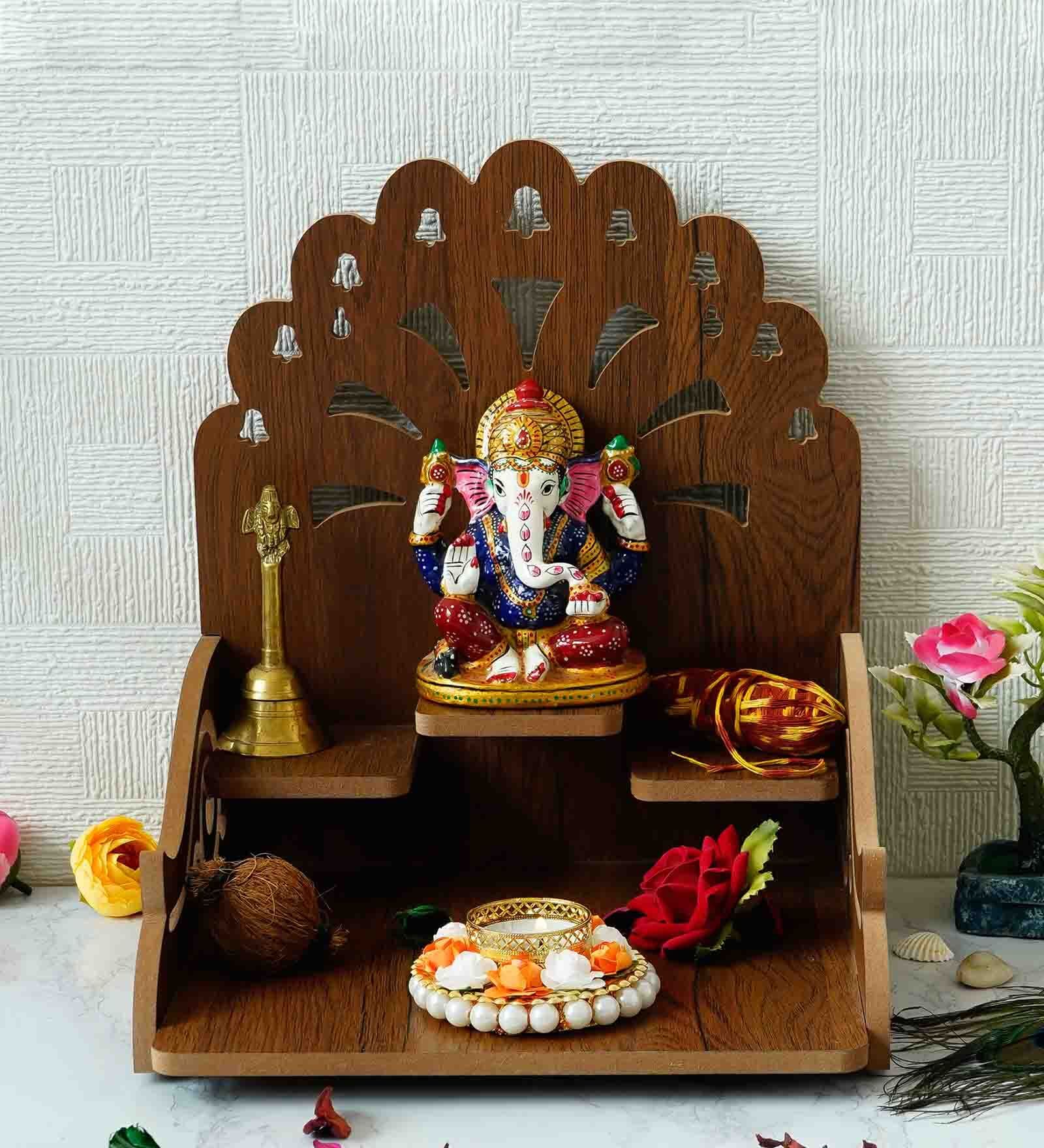 Brown Om with Bells Design and Laminated Wood Pooja Shelf