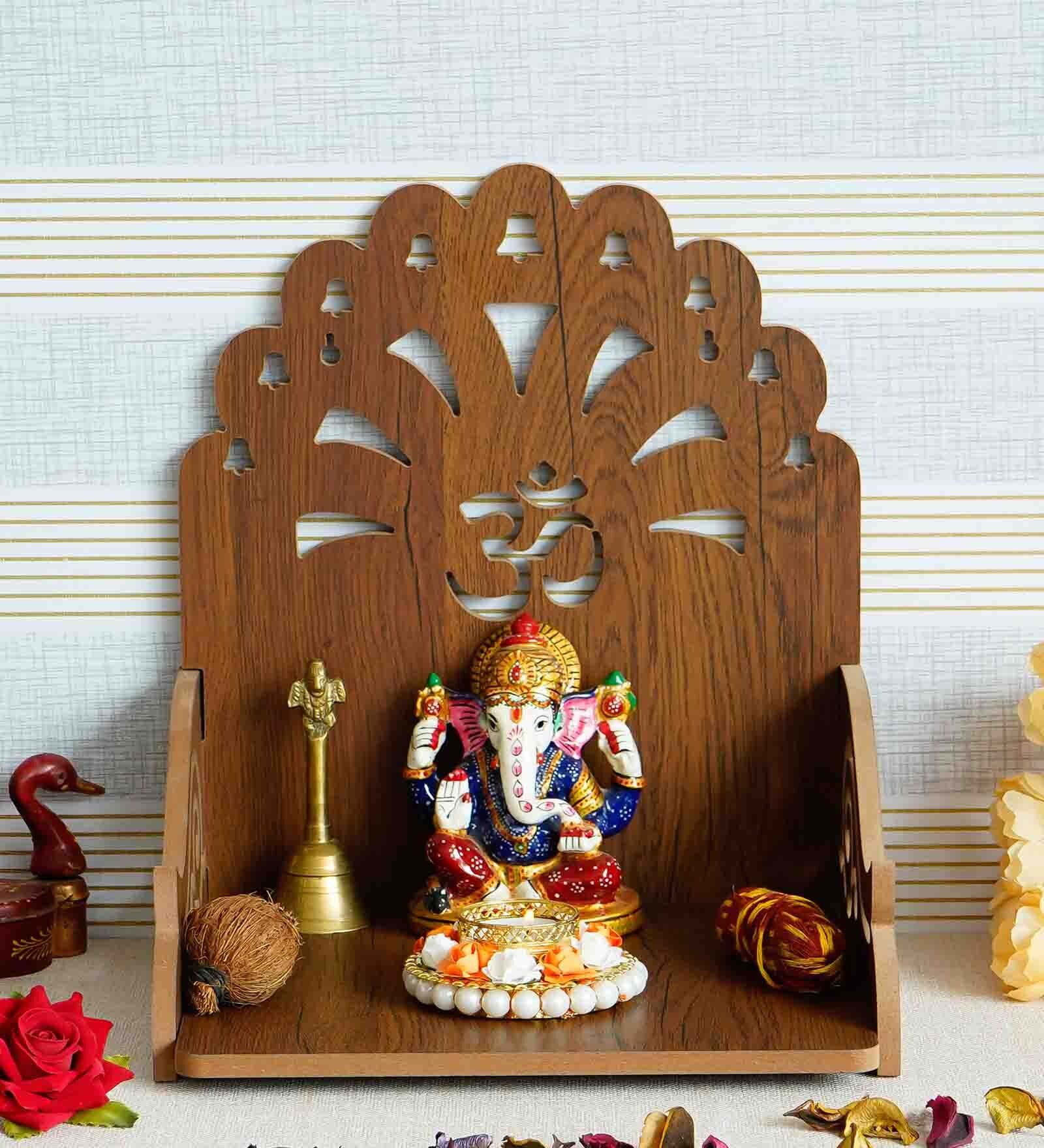 Brown Om with Bells Design Laminated Wood Pooja Shelf