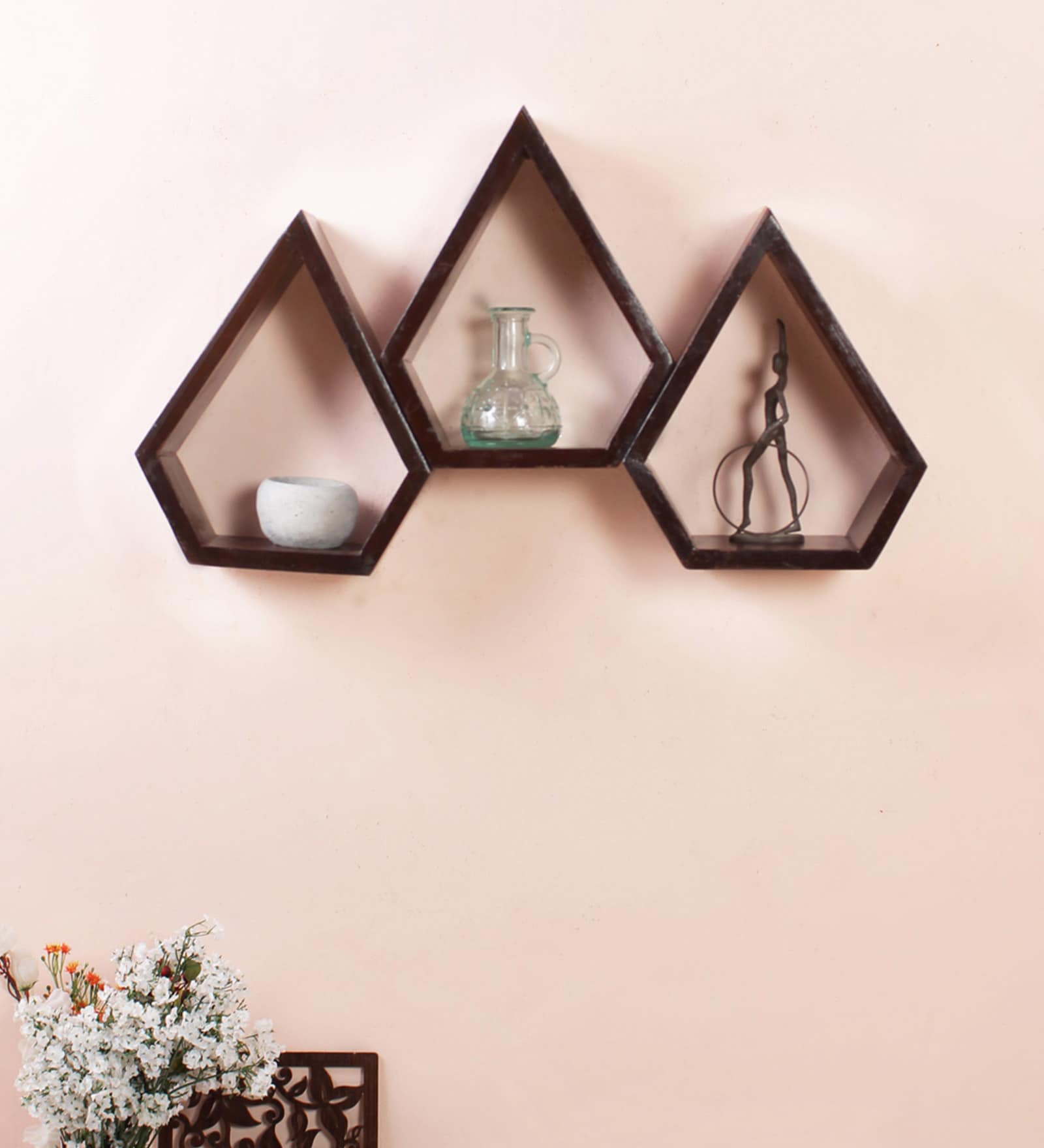 Set of 3 Solid Wood Pentagon Shaped Wall Shelf in Brown Colour