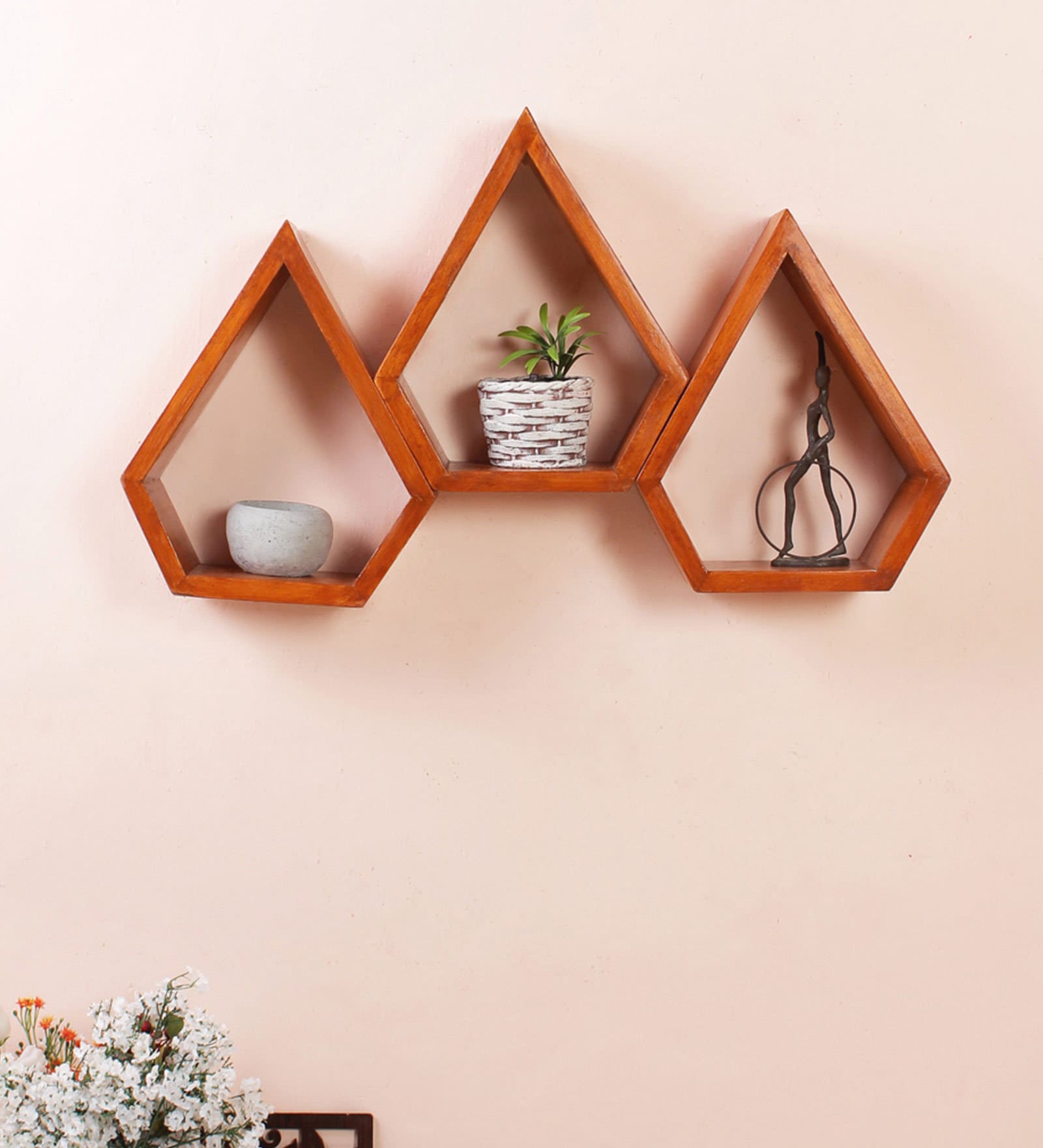 Set of 3 Solid Wood Pentagon Shaped Wall Shelf in Brown Colour