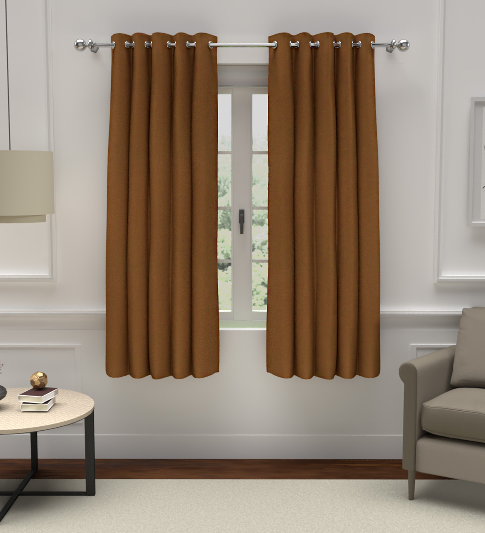 Brown Poly Cotton Solid 5ft Blackout Eyelet 2 Pc Window Curtains