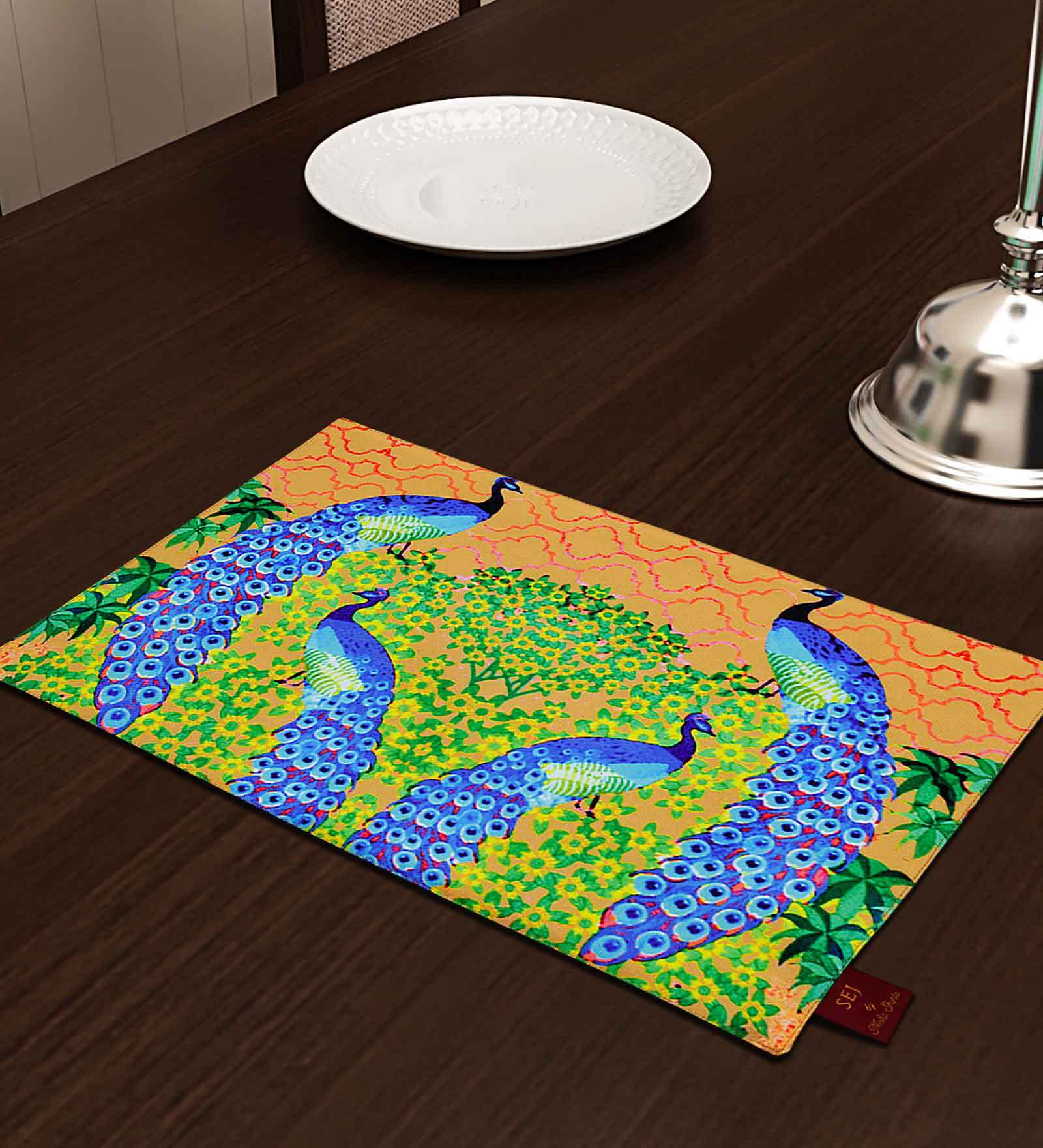 Peacock (12x18) Brown & Blue Poly Cotton (Set of 4) Placemat