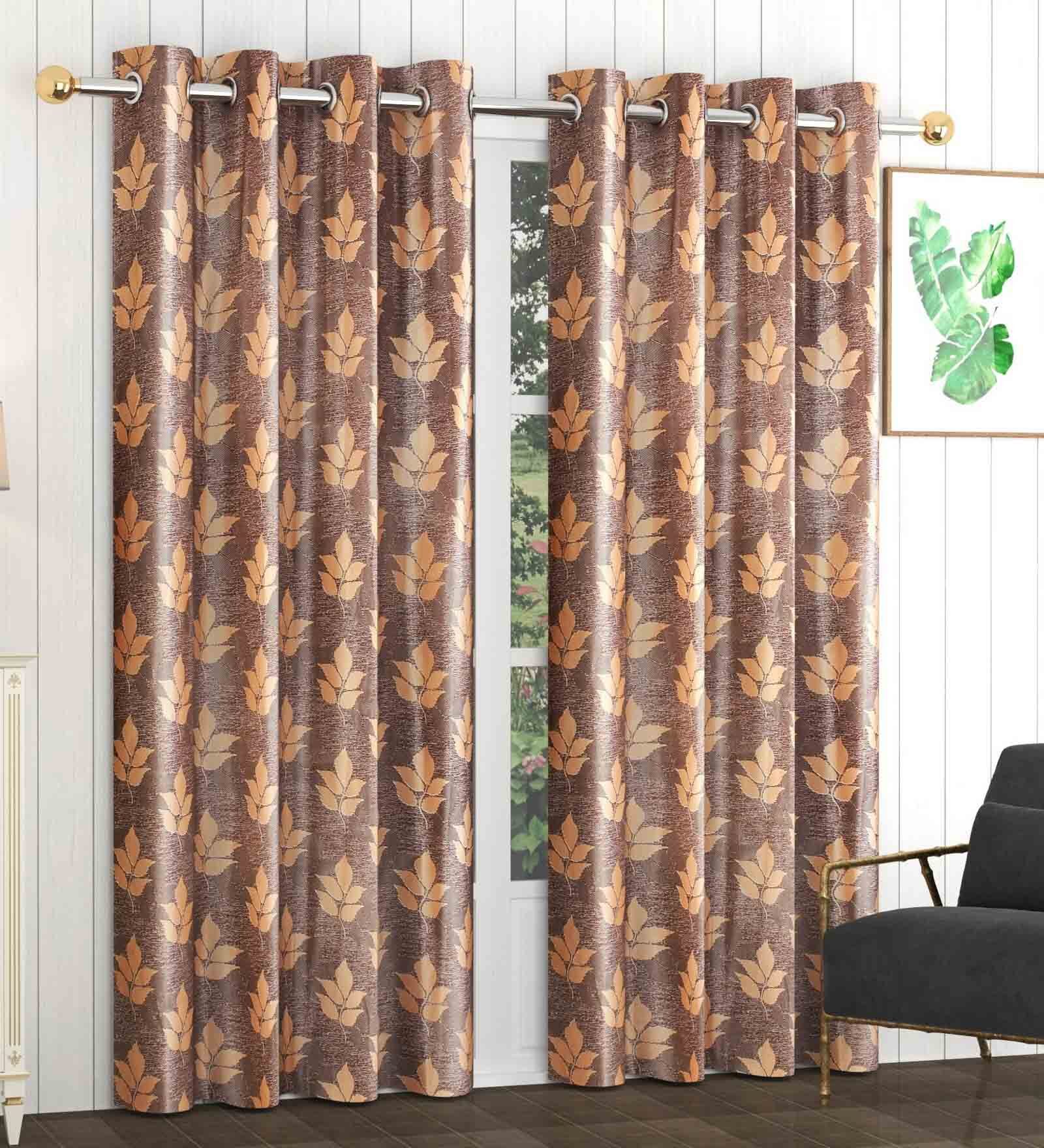 Brown Polyester Floral 8Ft Semisheer Eyelet Door Curtains (Pack of 2)