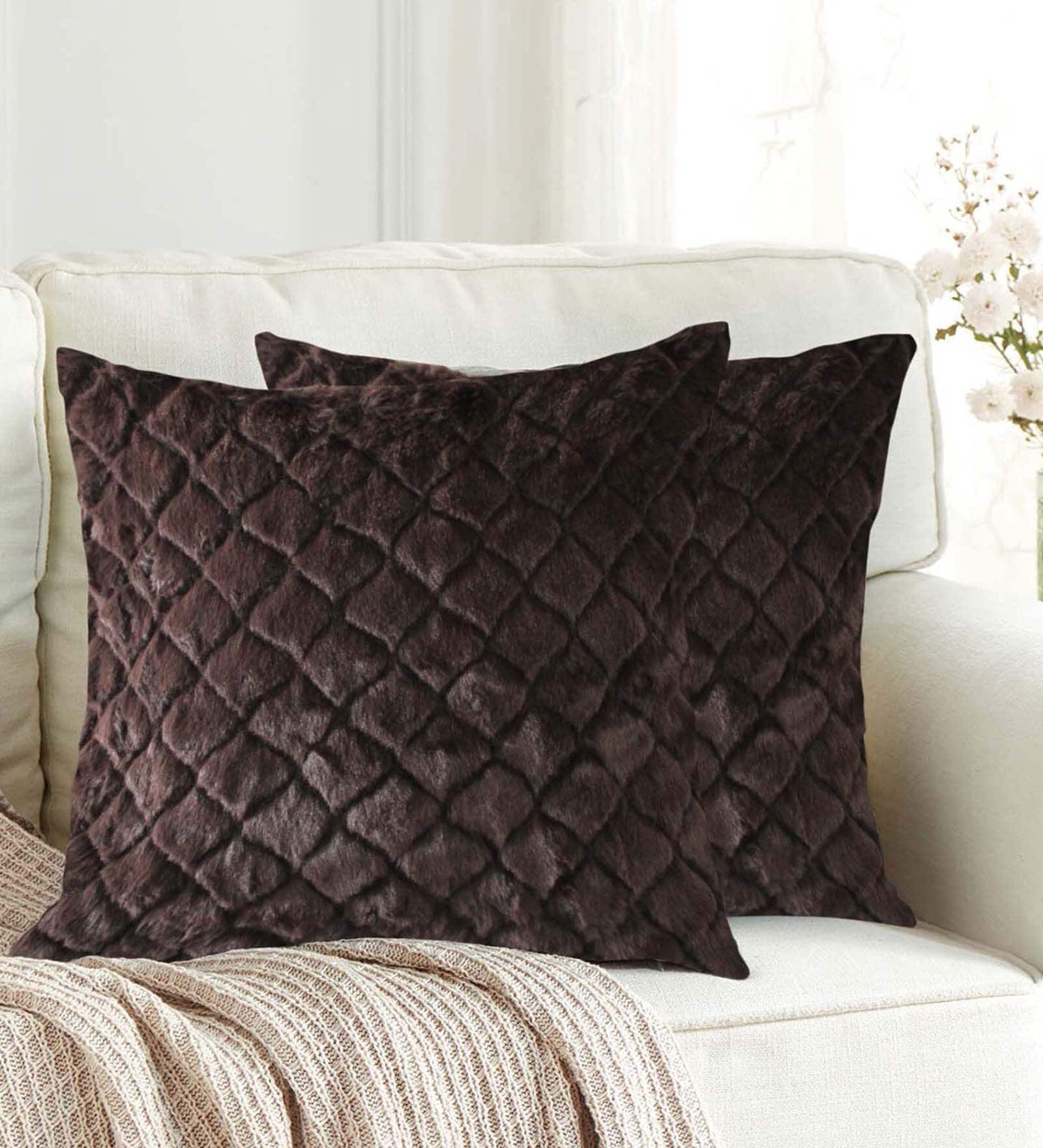 Brown Textured Polyester 16 x 16 Inch Cushion Covers (Set of 2)