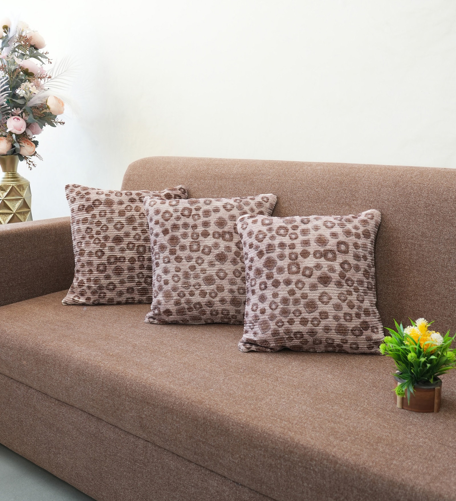 Brown Polyester Abstract 18x18 inches Cushion Covers Set of 3