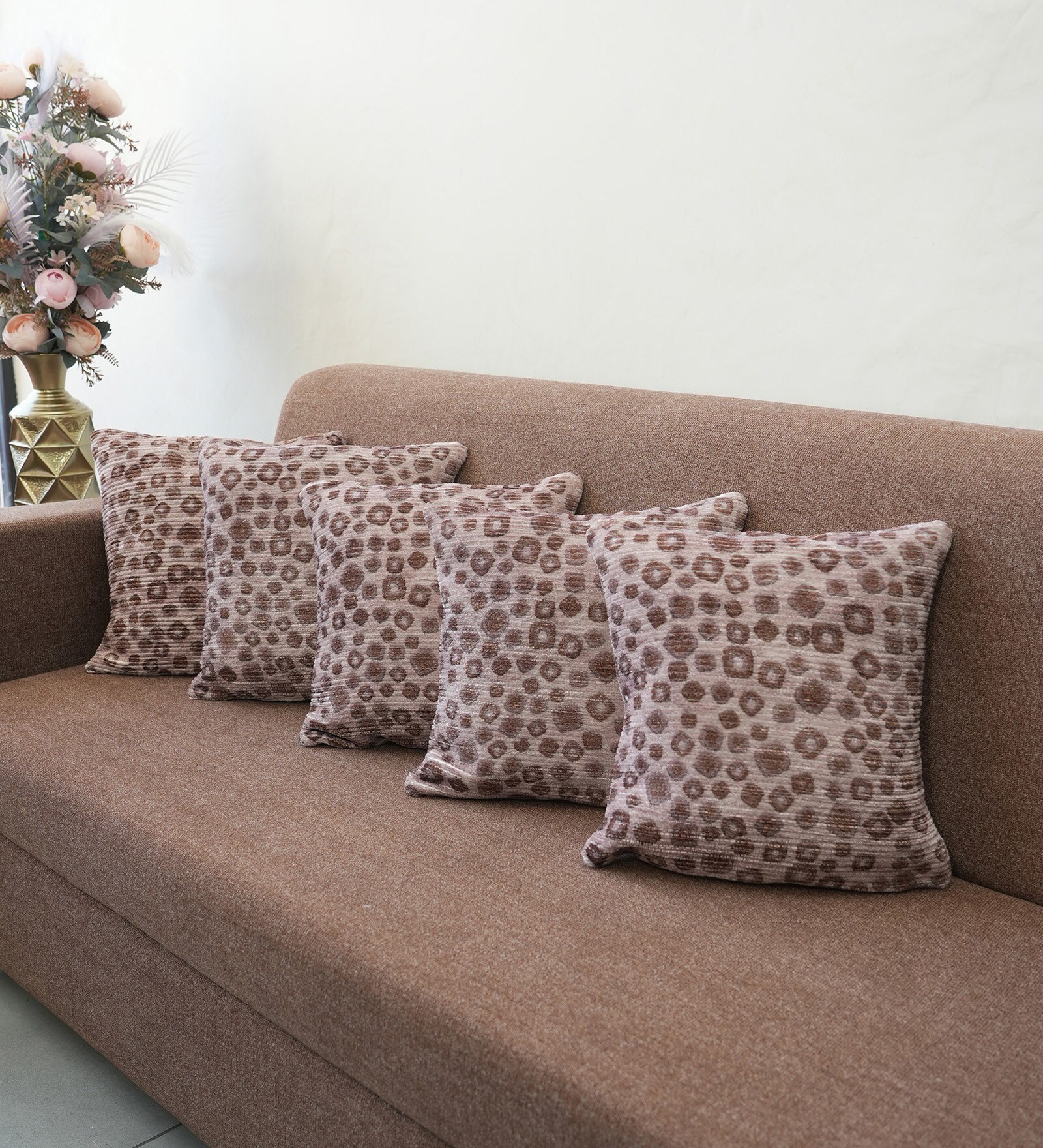 Brown Polyester Abstract 18x18 inches Cushion Covers Set of 5