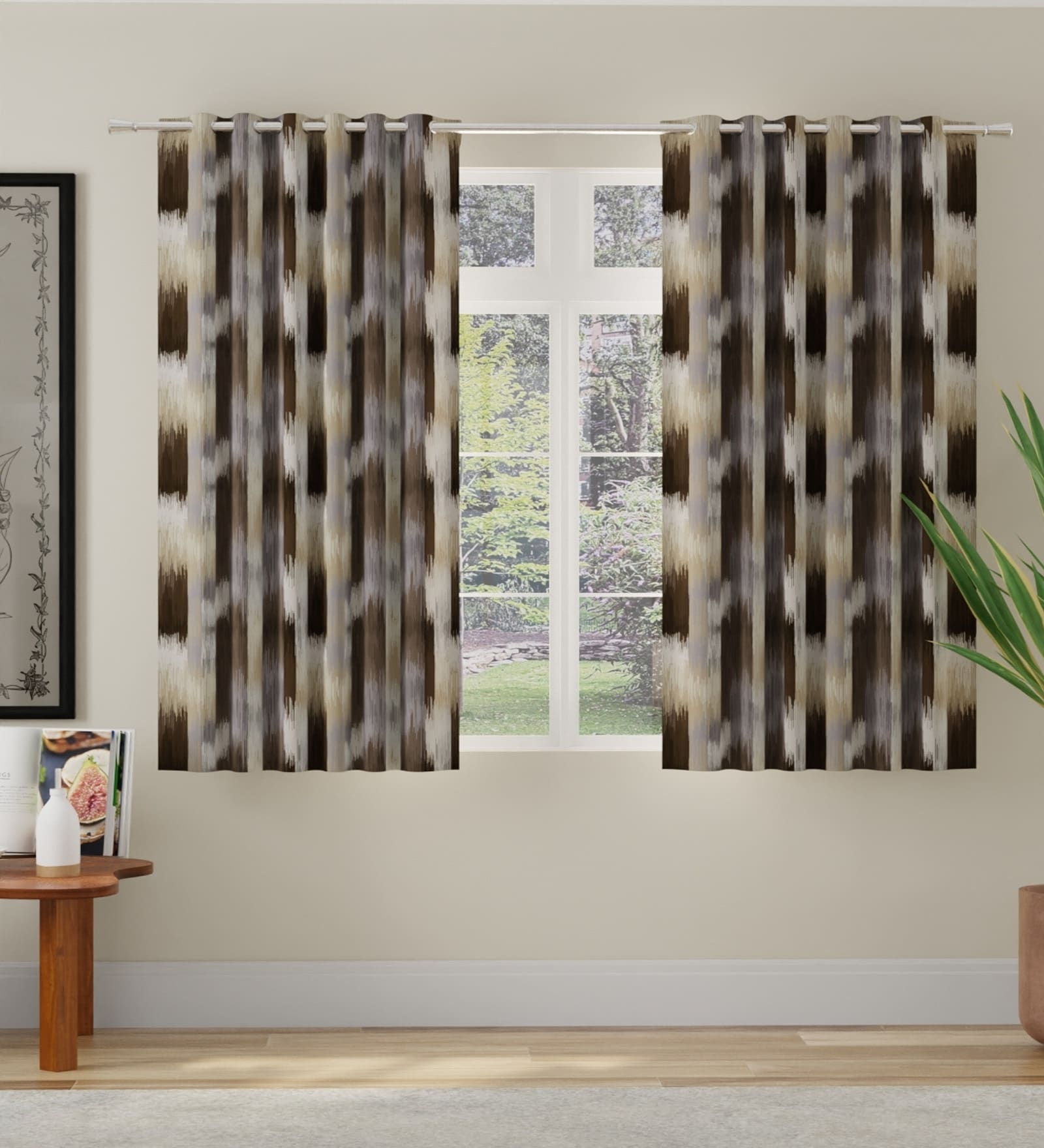 Brown Polyester Abstract 5ft Room Darkening Eyelet Window Curtains (2 Pc)
