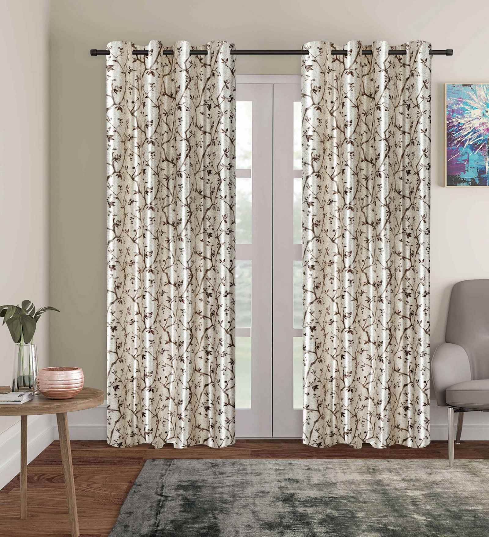 Brown Polyester Abstract 7ft Blackout Eyelet Door Curtains