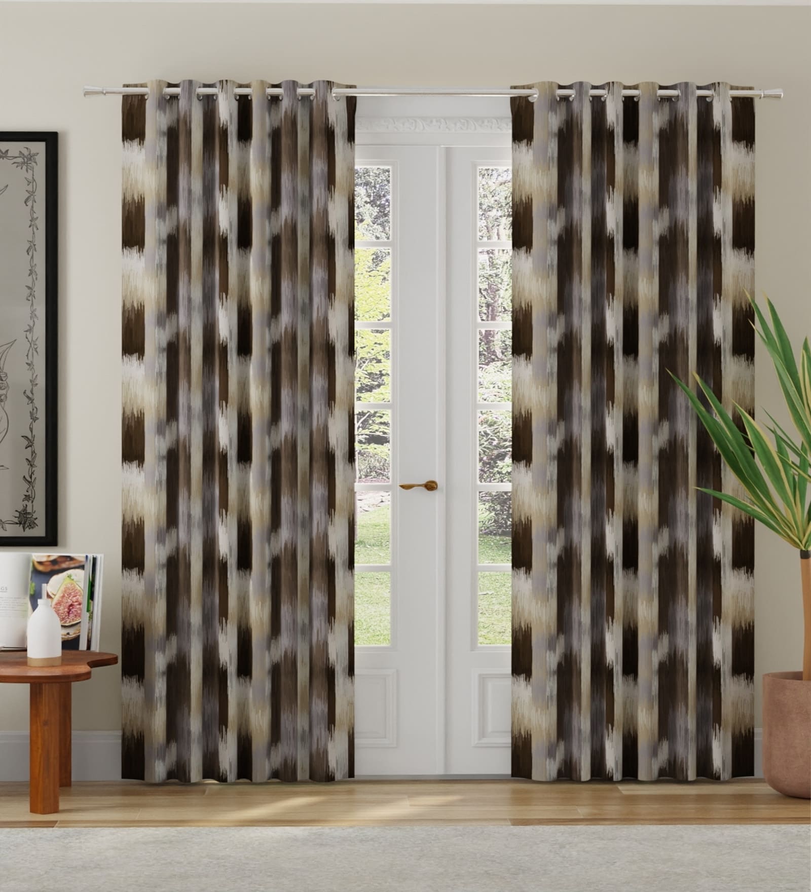 Brown Polyester Abstract 7ft Room Darkening Eyelet Door Curtains (2 Pc)