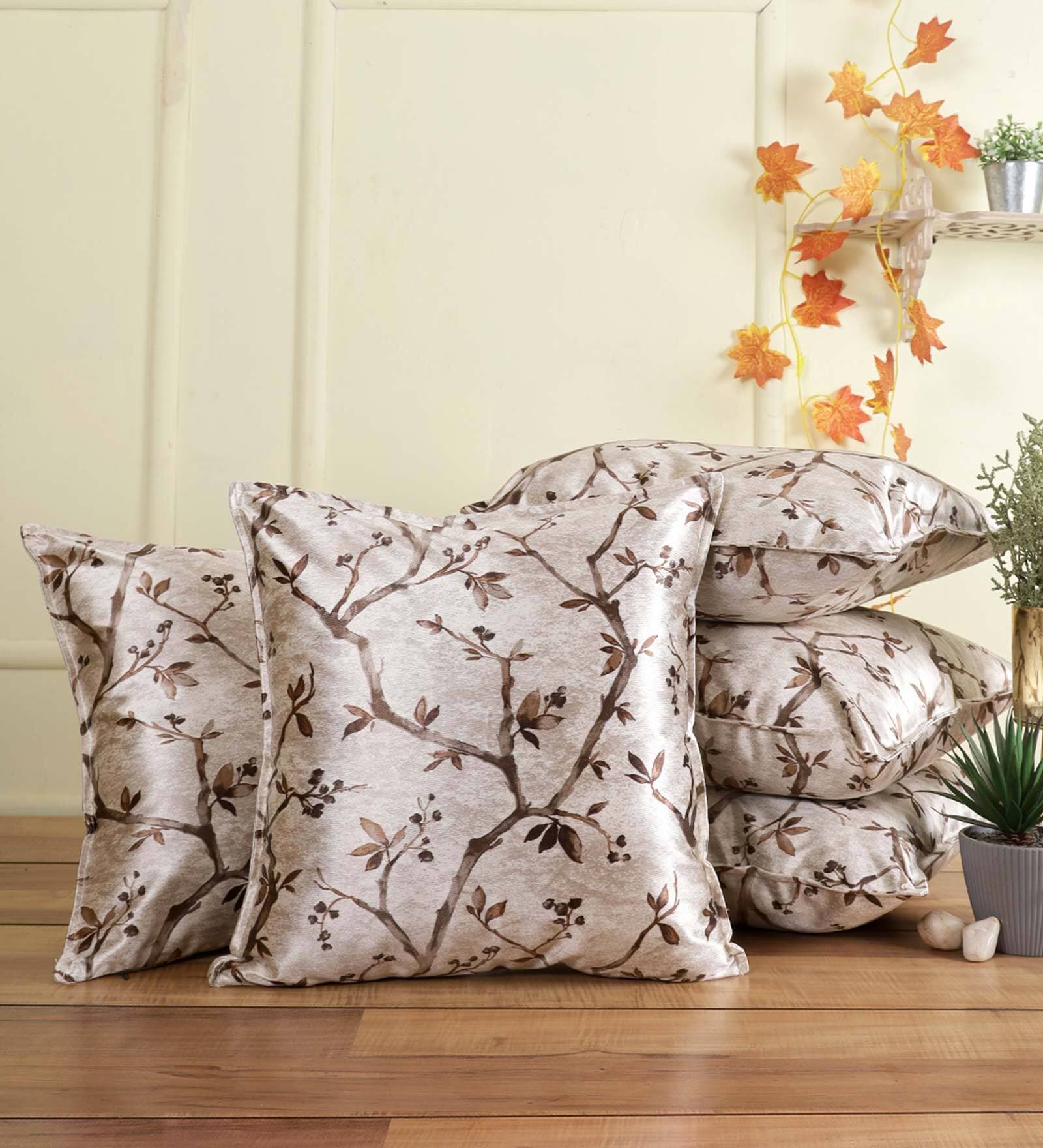 Brown Floral Polyester Blend 16 x 16 Inches Cushion Covers (Set of 5)