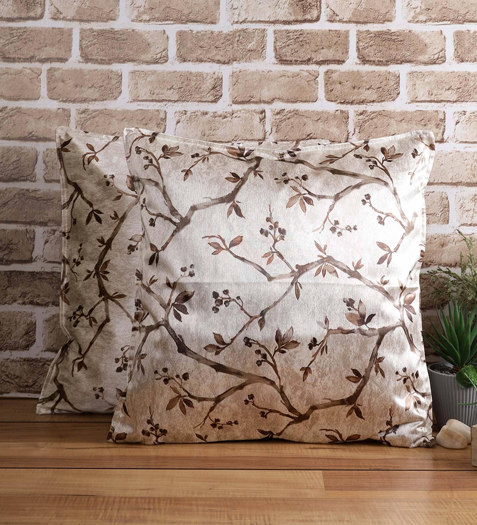Brown Floral Polyester Blend 24 x 24 Inches Cushion Covers (Set of 2)