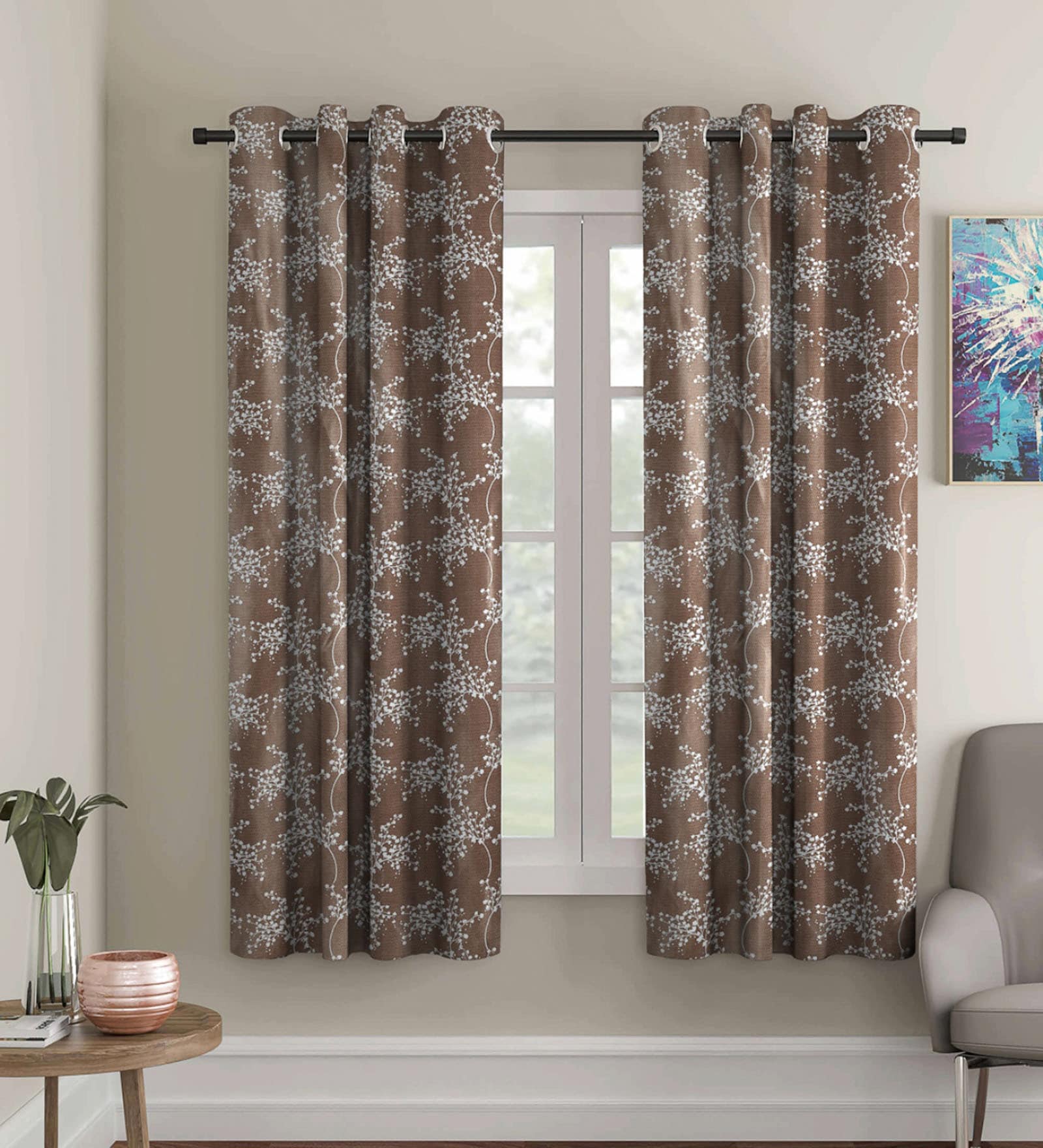 Brown Polyester Floral Light Filtering Eyelet 5 Feet Window Curtains (2 Pc)