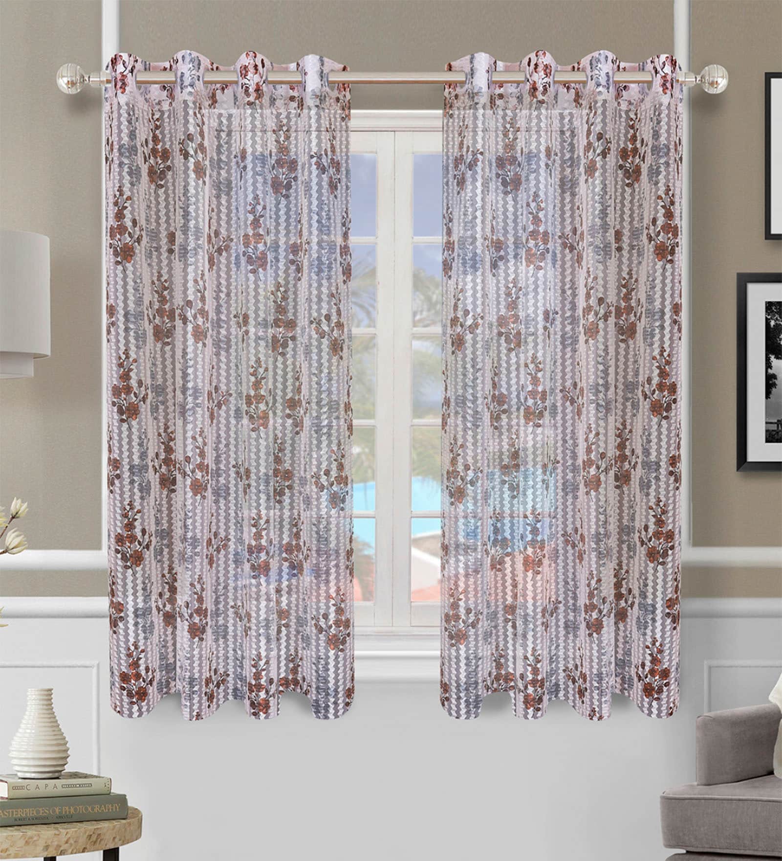 Brown Polyester Floral Light Filtering Eyelet 5 Feet Window Curtains (2 Pc)