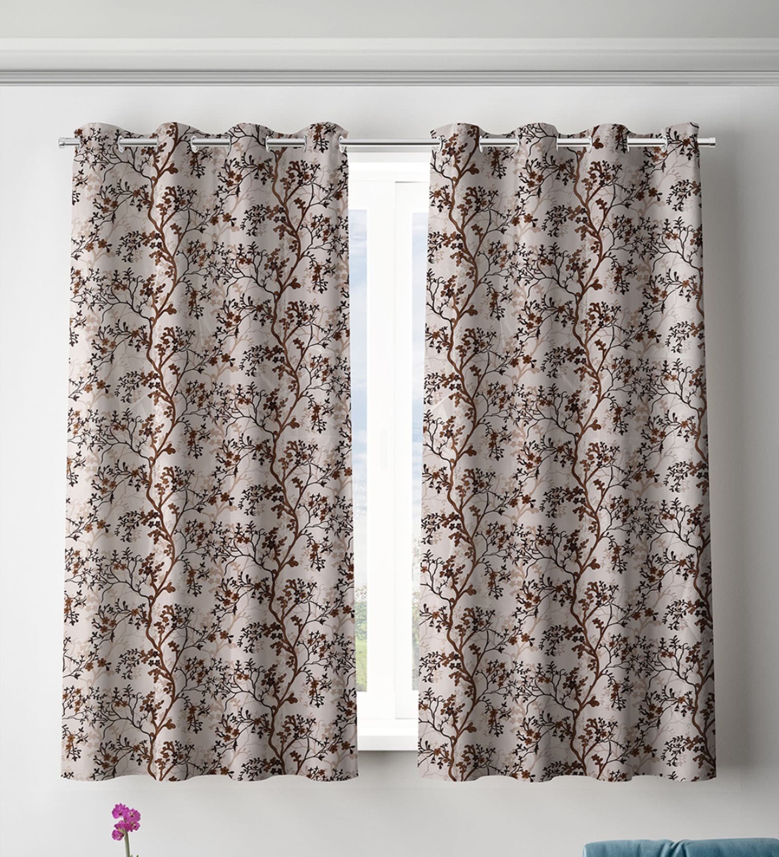 Brown Polyester Floral Light Filtering Eyelet 5 Feet Window Curtains (2 Pc)