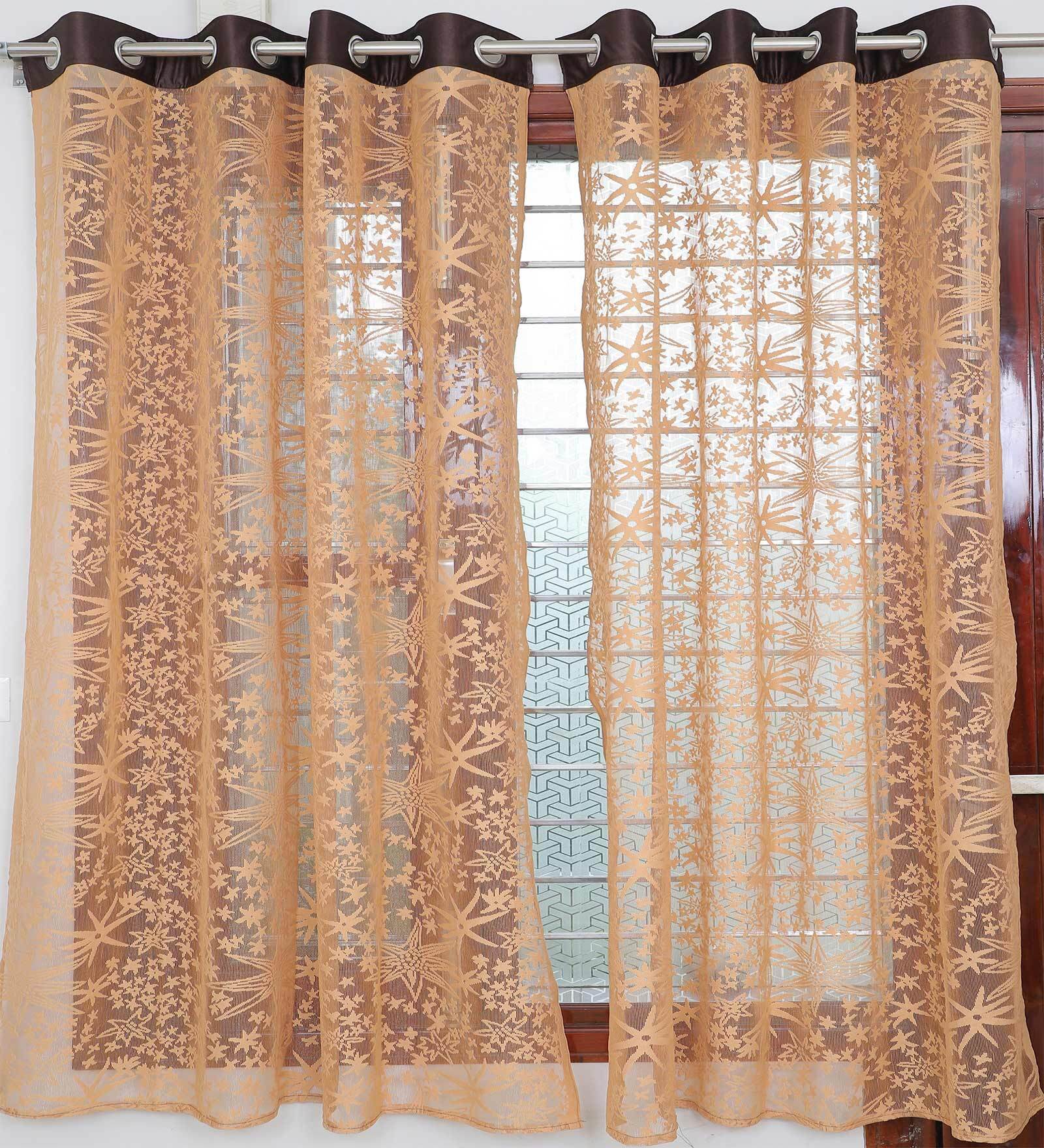 Brown Floral Polyester 5 Ft Sheer Eyelet Window Curtains (Set of 2)