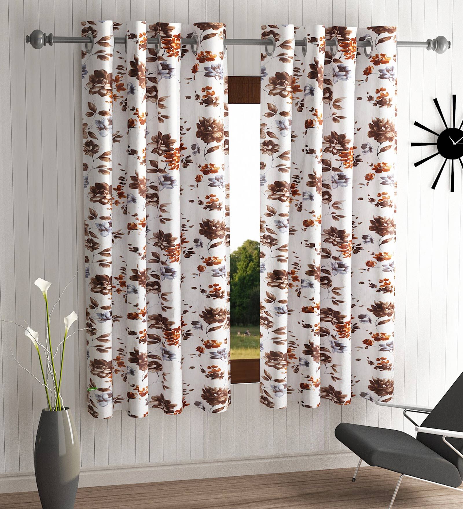 Brown Floral Polyester 5 Ft Semisheer Eyelet Window Curtains (Set of 2)