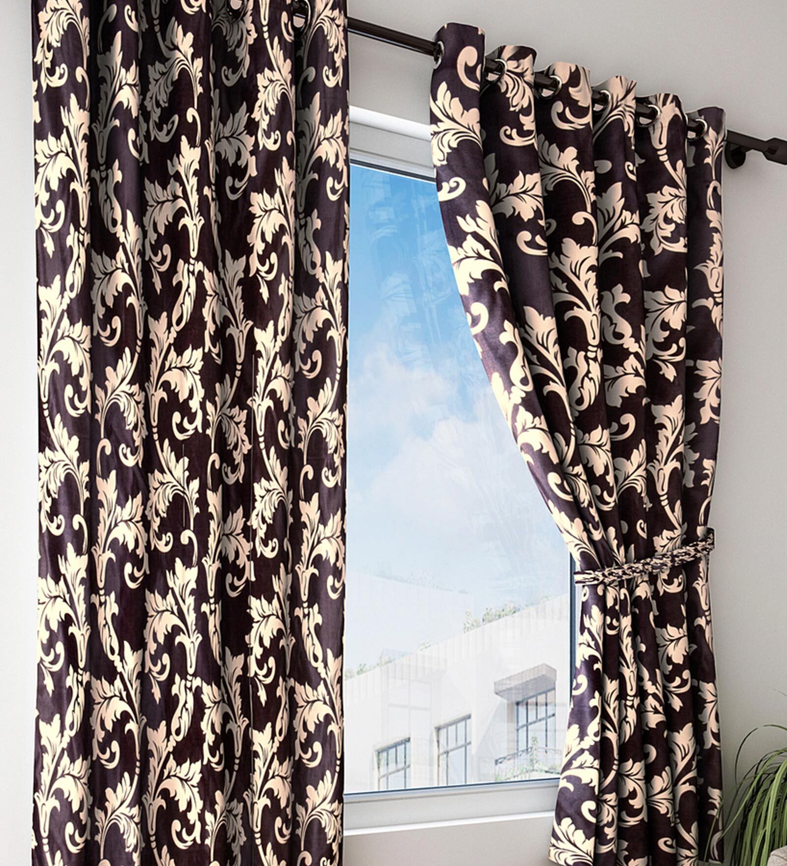 Brown Floral Polyester 5 Ft Semisheer Eyelet Window Curtains (Set of 2)