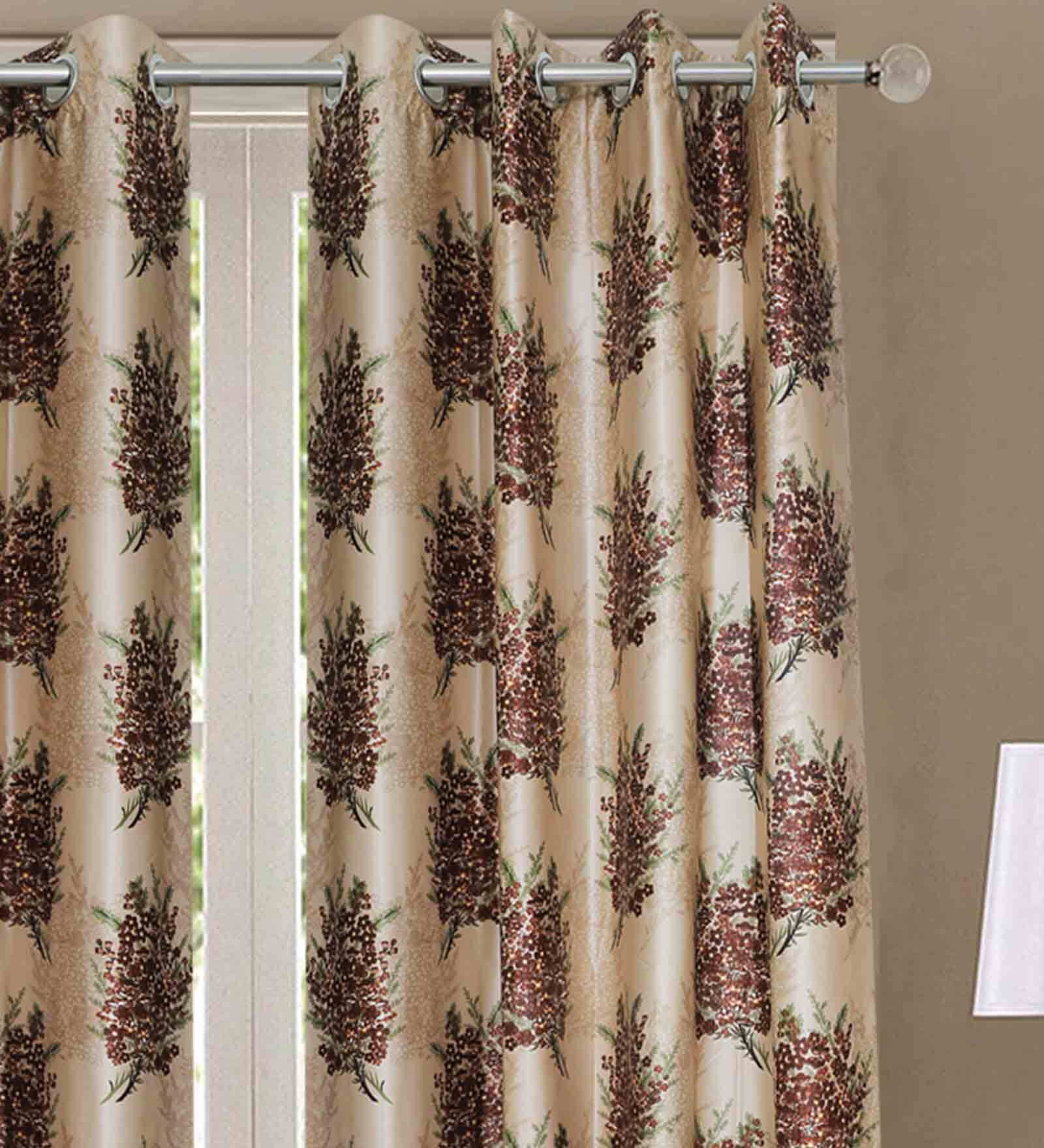 Brown Floral Polyester 7 Ft Blackout Eyelet Door Curtains (Set of 2)
