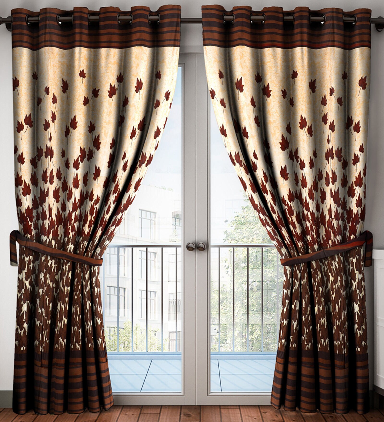 Brown Floral Polyester 7 Ft Semisheer Eyelet Door Curtains (Set of 2)