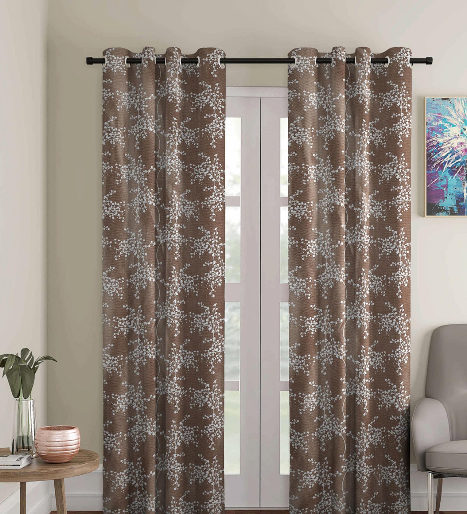 Brown Polyester Floral Light Filtering Eyelet 9 Feet Door Curtains (2 Pc)