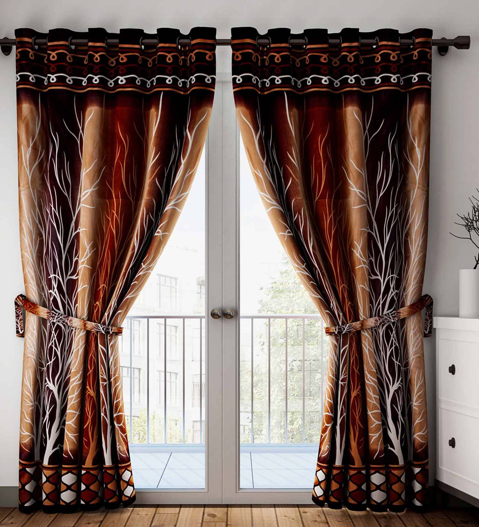 Brown Polyester Floral Curtain 7ft Semisheer Eyelet Door