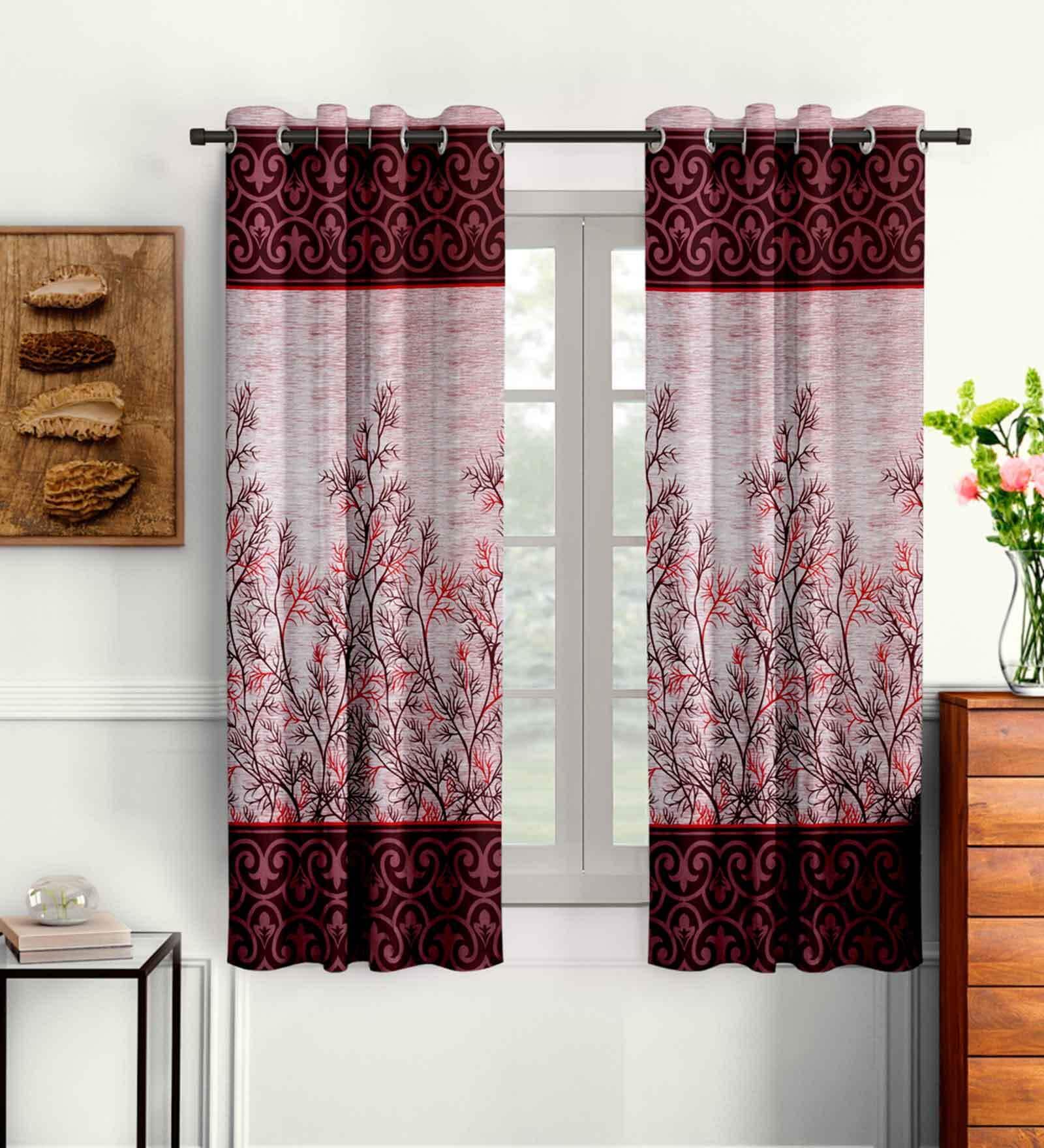 Maroon Floral Polyester 5 Ft Semisheer Eyelet Window Curtains (Set of 2)