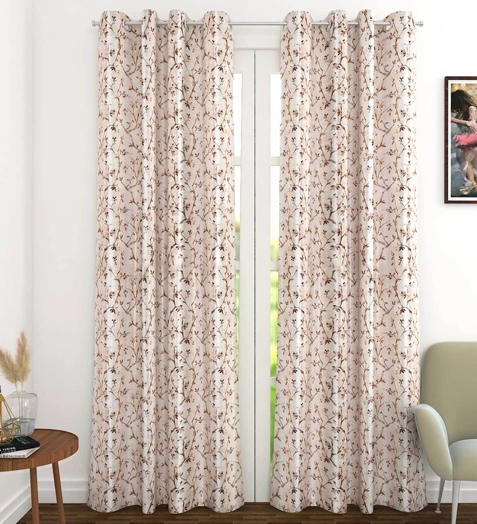 Brown Floral Polyester 8 Ft Light Filtering Eyelet Door Curtain