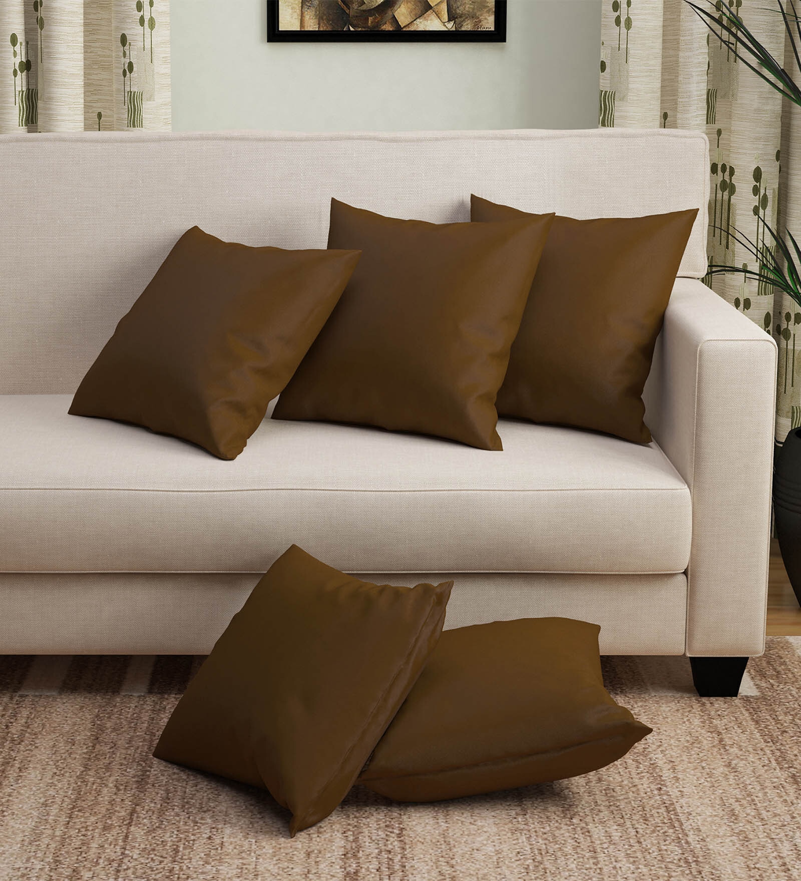 Brown Polyester Solid 16x16 inches Cushion Covers (Set of 5)