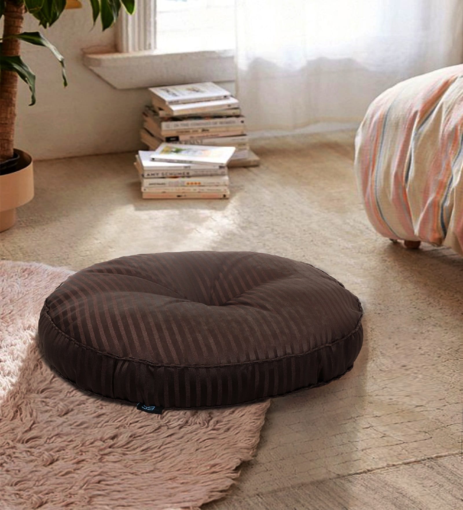 Brown Striped Polyester 22x22 Inches Floor Cushion