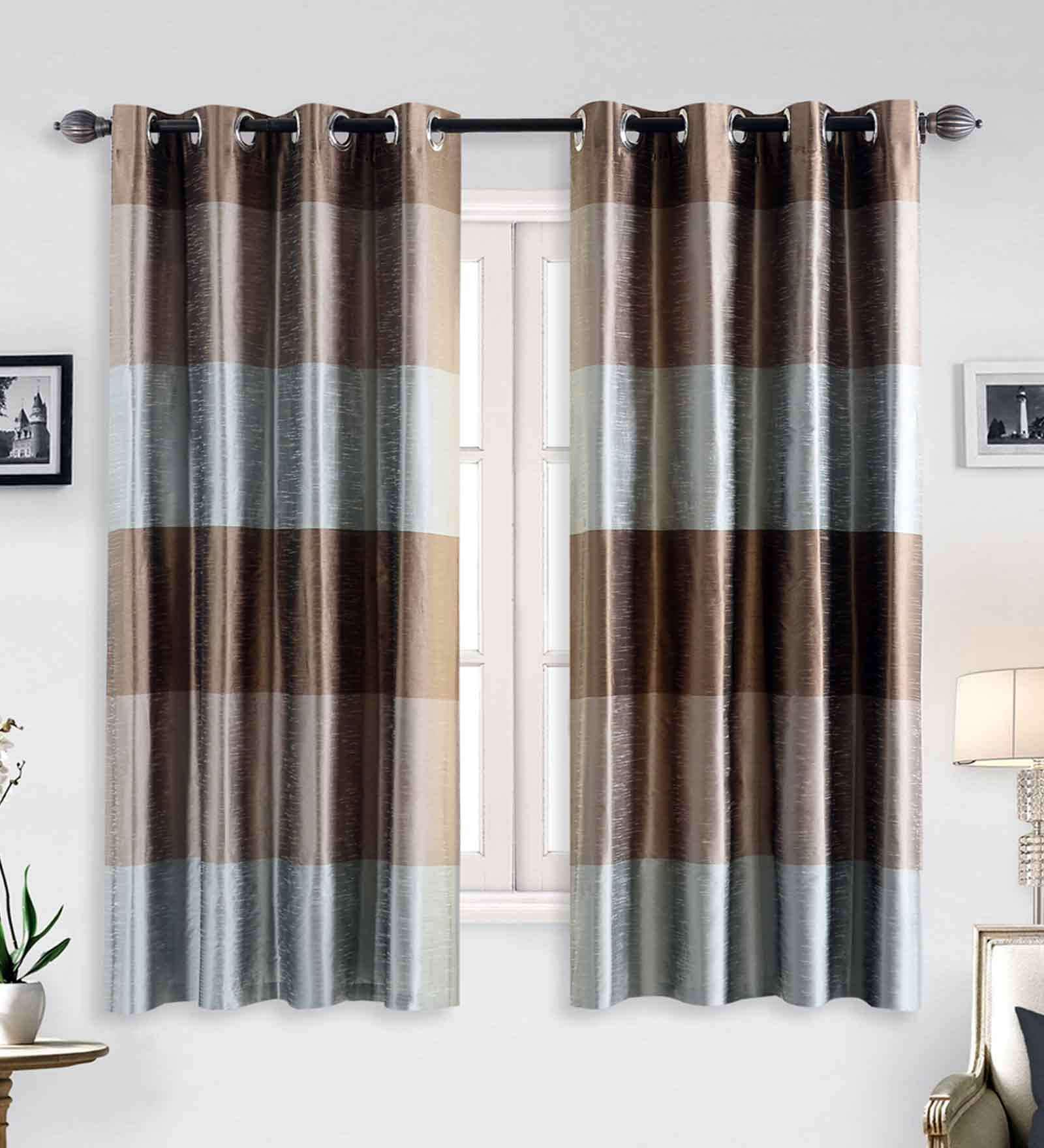 Brown Polyester Striped 5 Ft Blackout Eyelet 2 Window Curtains