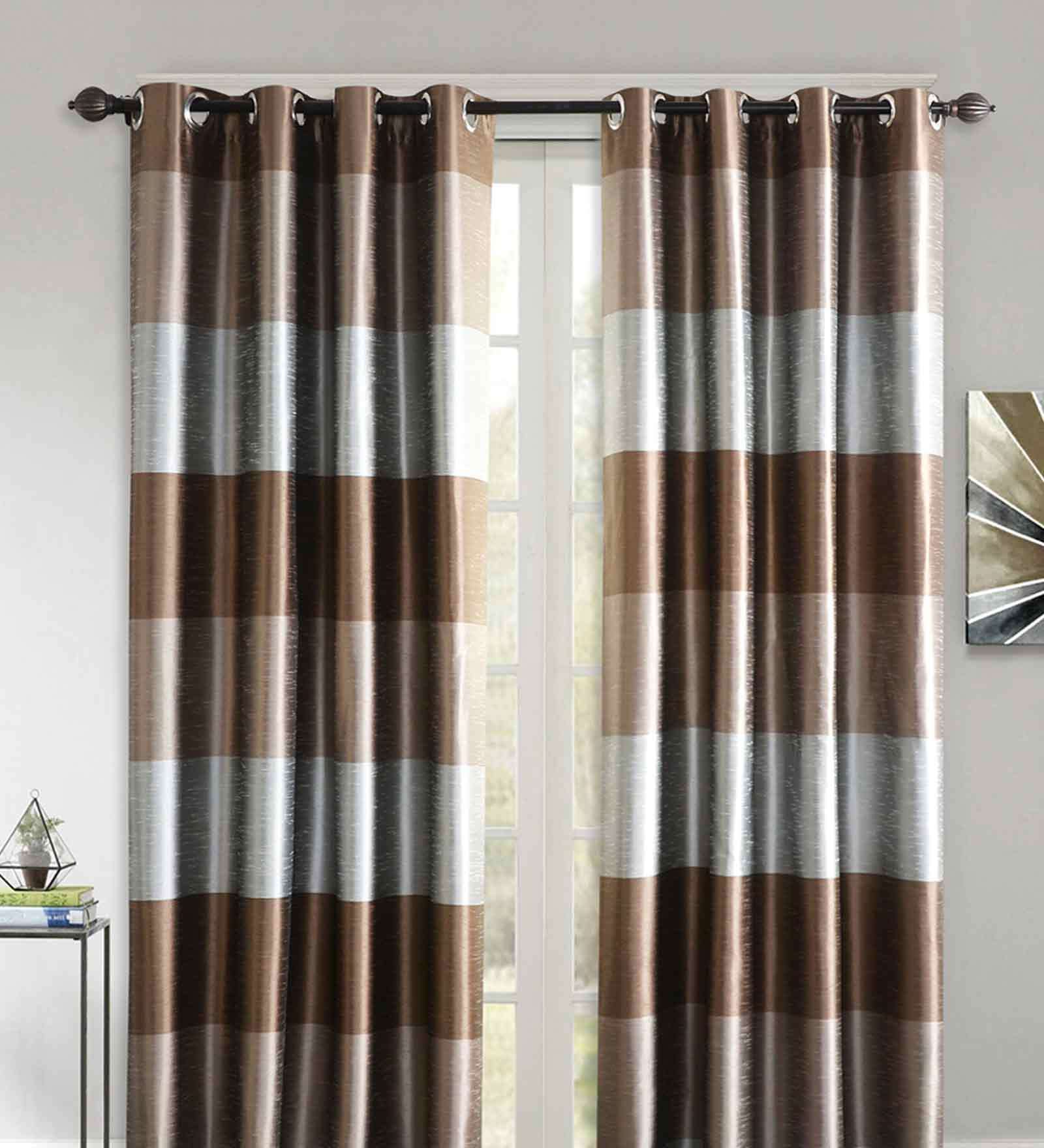 Brown Polyester Striped 9 Ft Blackout Eyelet 2 Curtains