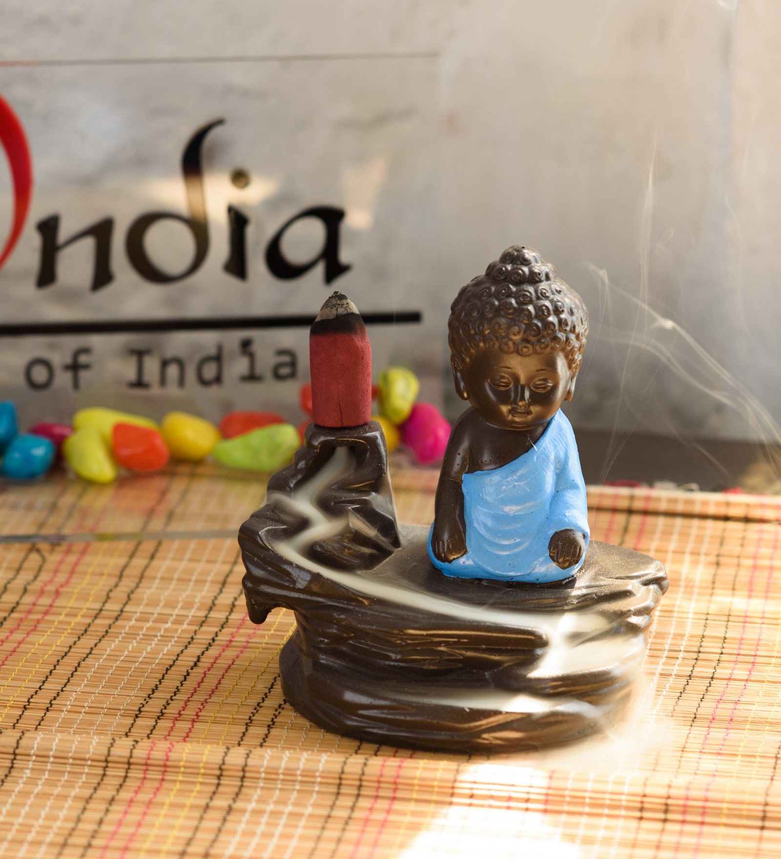 Brown Meditating Monk Buddha Smoke Fountain with 10 Backflow Cone Decorative Incense Holder
