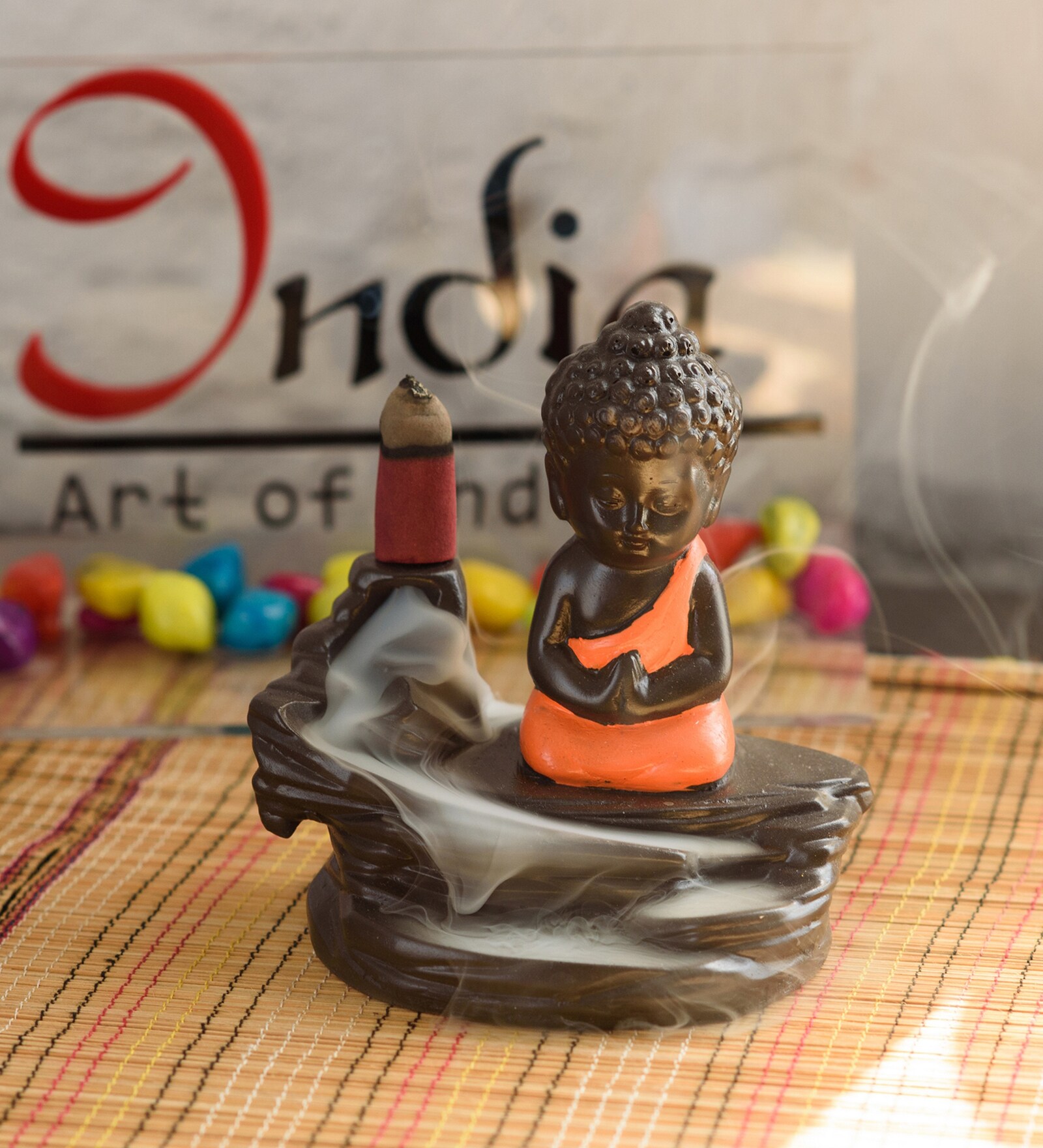 Brown Meditating Monk Buddha Smoke Fountain with 10 Backflow Cone Decorative Incense Holder