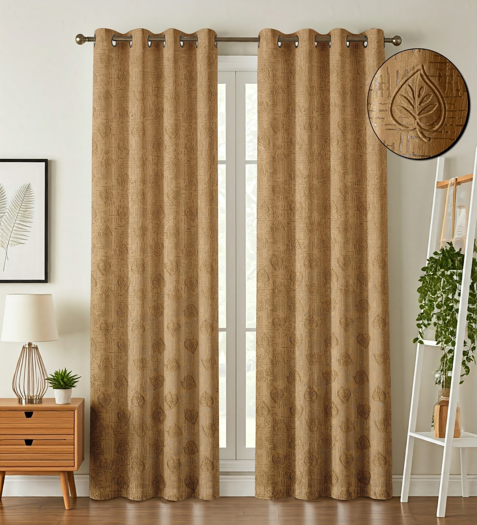 Brown Poleyster Floral 7 Feet Semi Transperency Ring Top Door Curtains 2Pcs