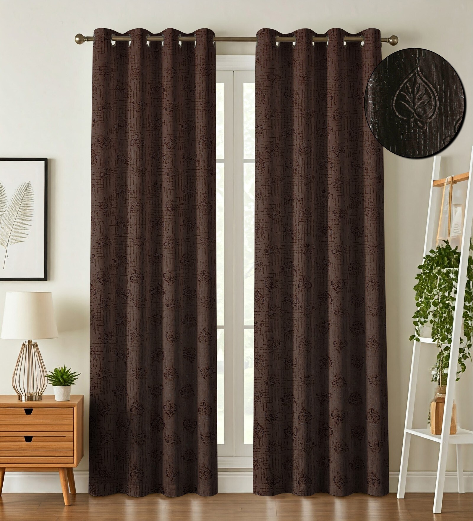 Brown Poleyster Floral 7 Feet Semi Transperency Ring Top Door Curtains 2Pcs