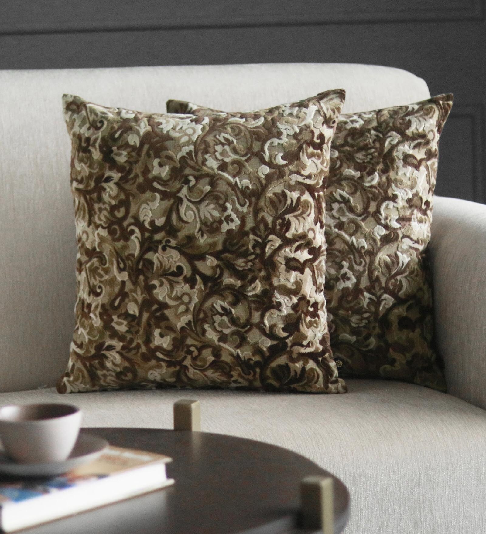 Brown Floral Poly Viscose 16 x 16 Inches Cushion Covers (Set of 2)