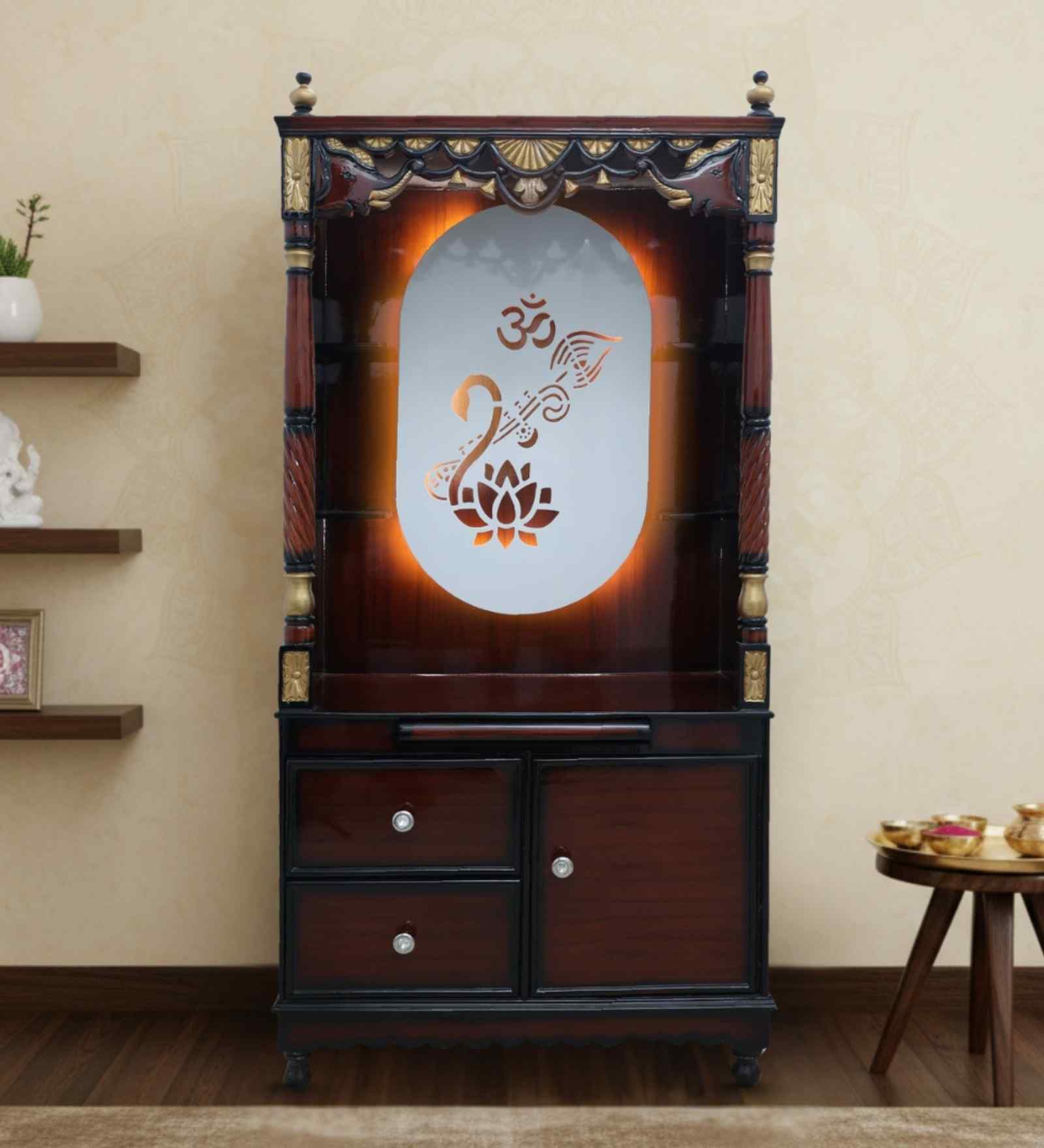 Brown Prarthika Teak Wooden Mandir