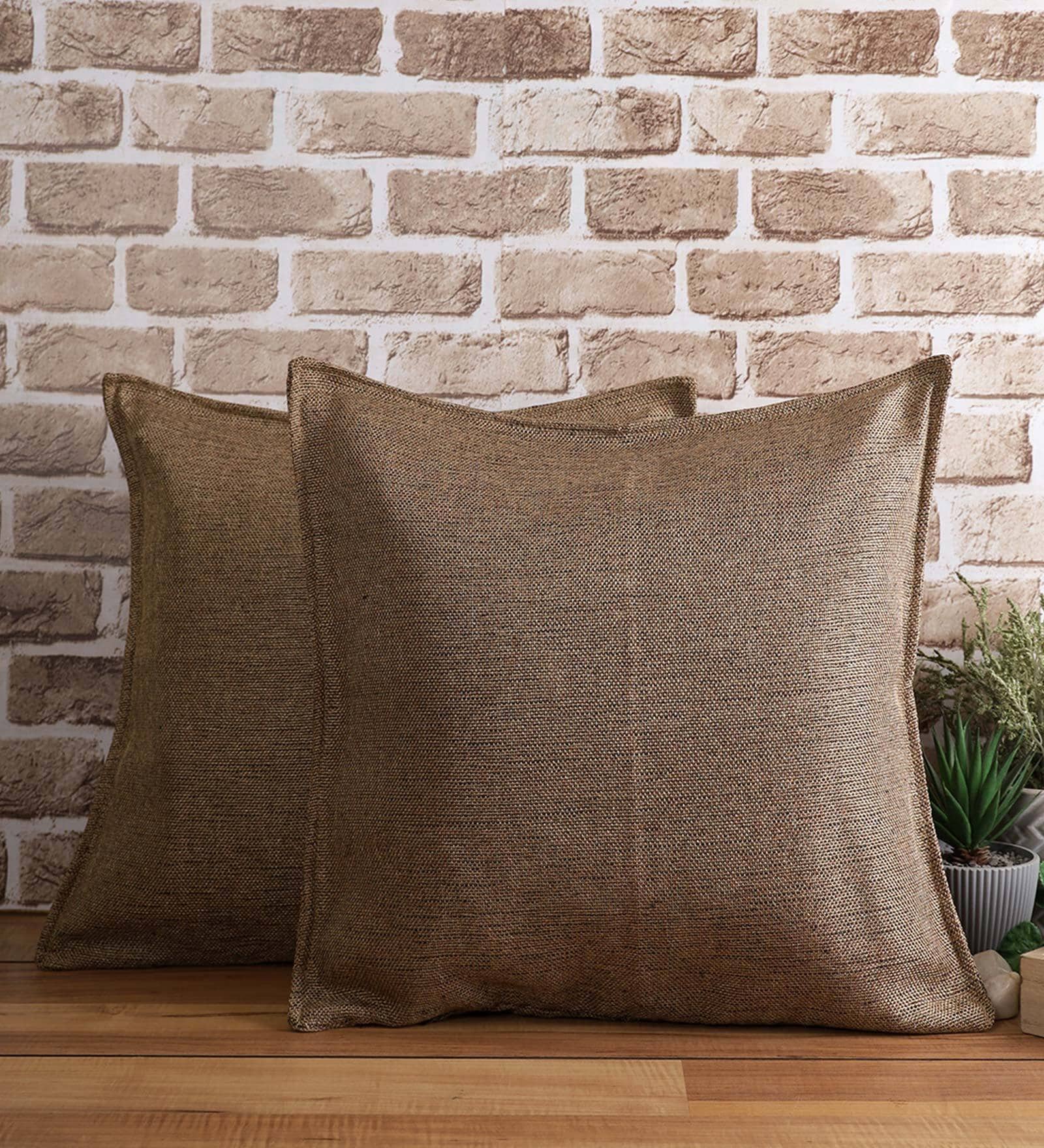 Brown Solid Jute 18 x 18 Inches Cushion Covers (Set of 2)