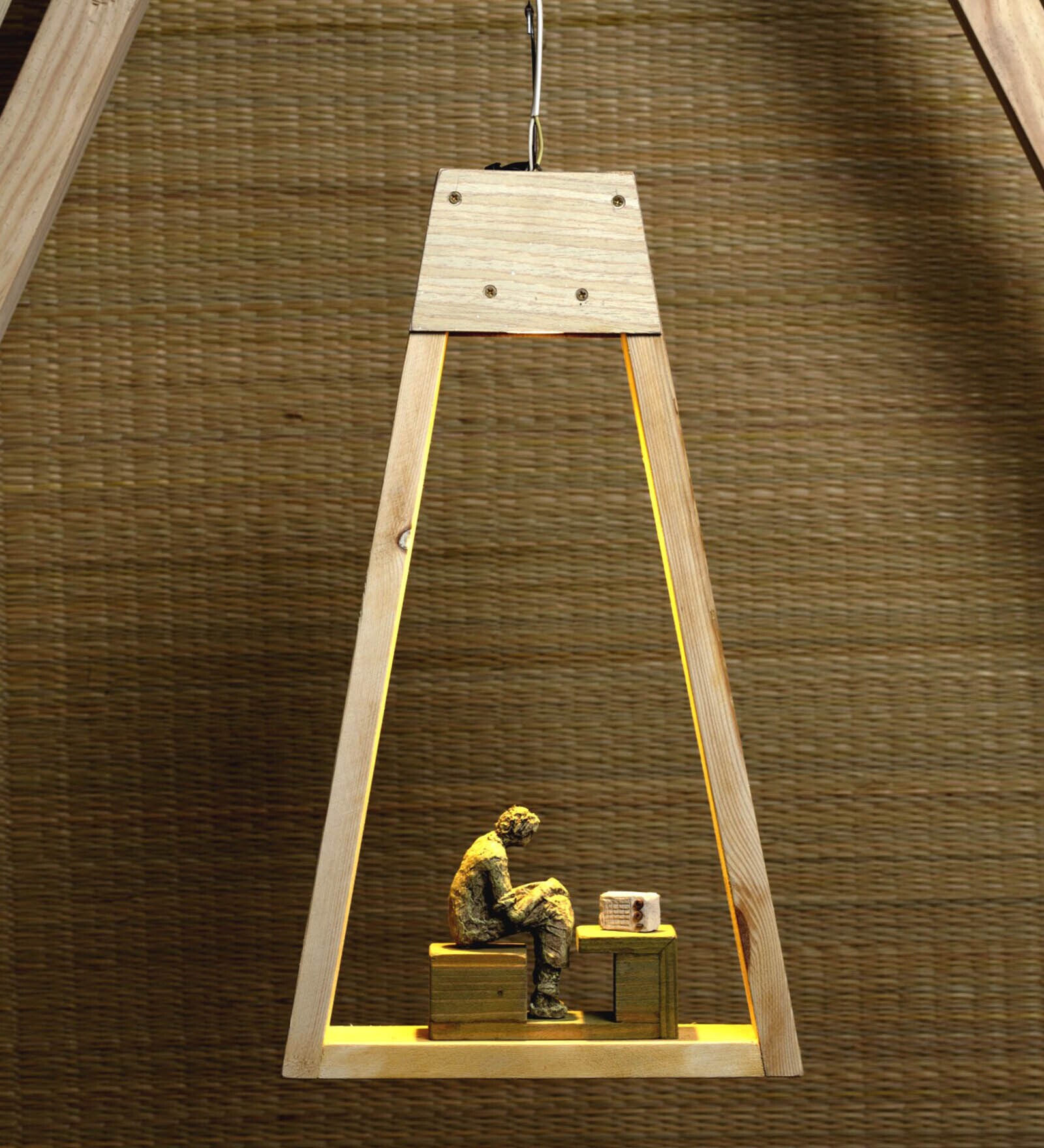 Dark Papier-Mache Brown Wood Hanging Light