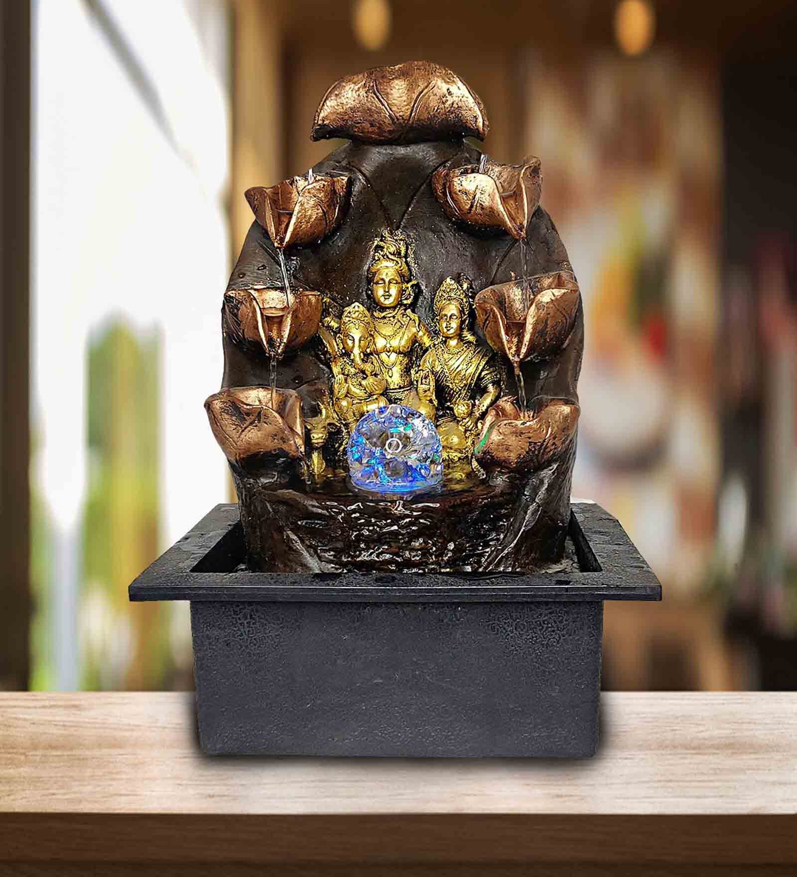 Brown Resin Shiv, Parvati And Ganesh Indoor Water Fountain