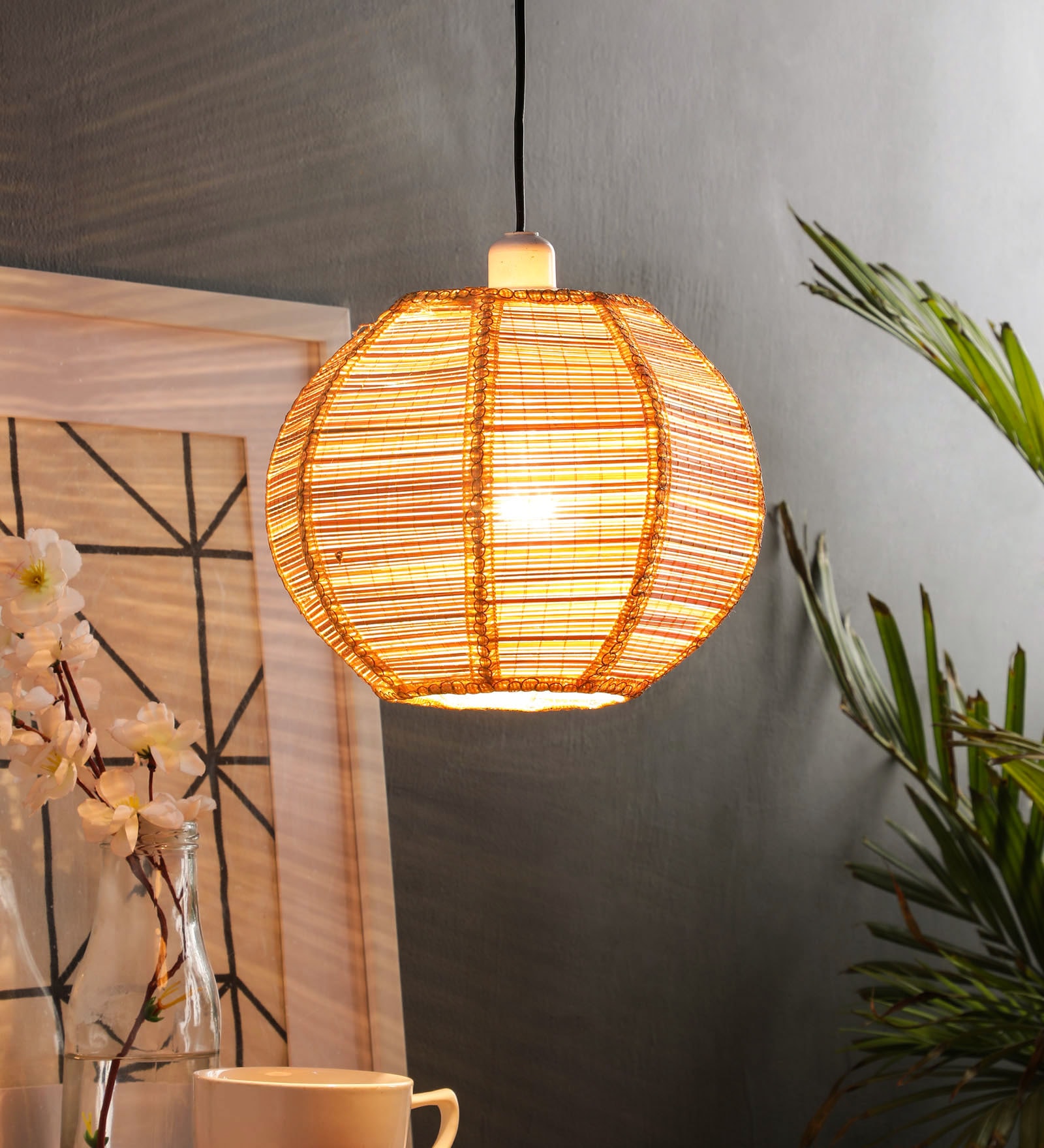 Brown Natural Fiber Single Hanging Lights
