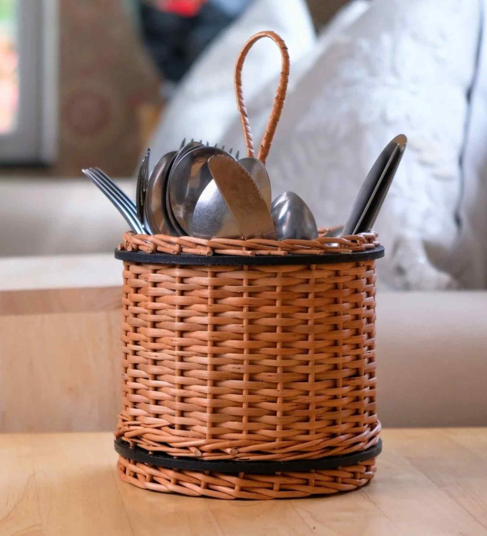 Brown Rustic Charm Wicker & Wood Handcrafted Cutlery Holder