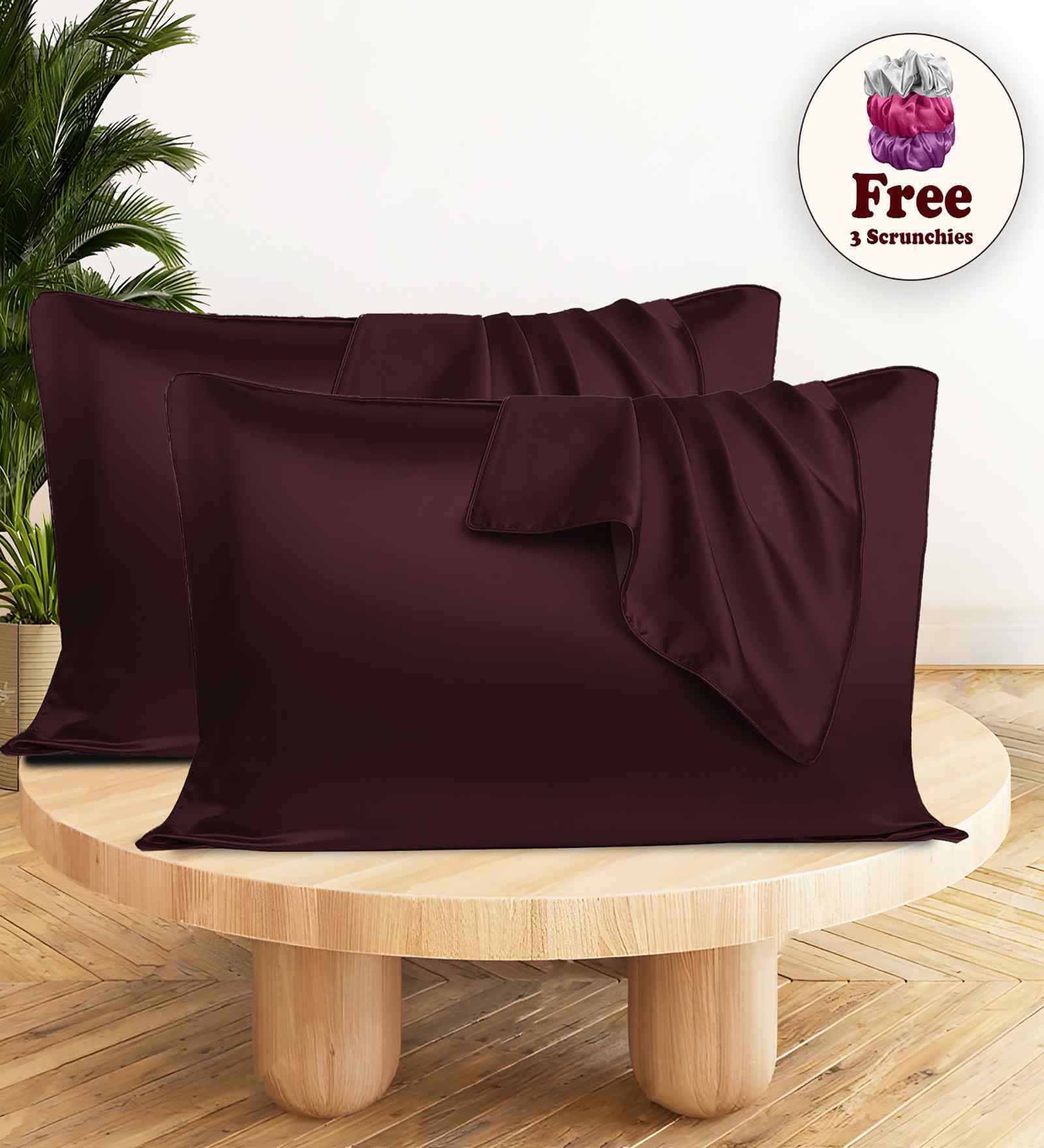 Brown Satin Silk 72x46 cm Pillow Covers (Set of 2) With 1Pc Scrunchie Free