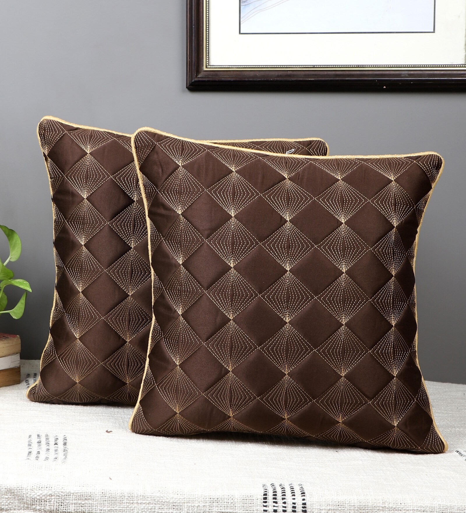 Brown Satin Abstract 16x16 inches Cushion Covers (Pack of 2)