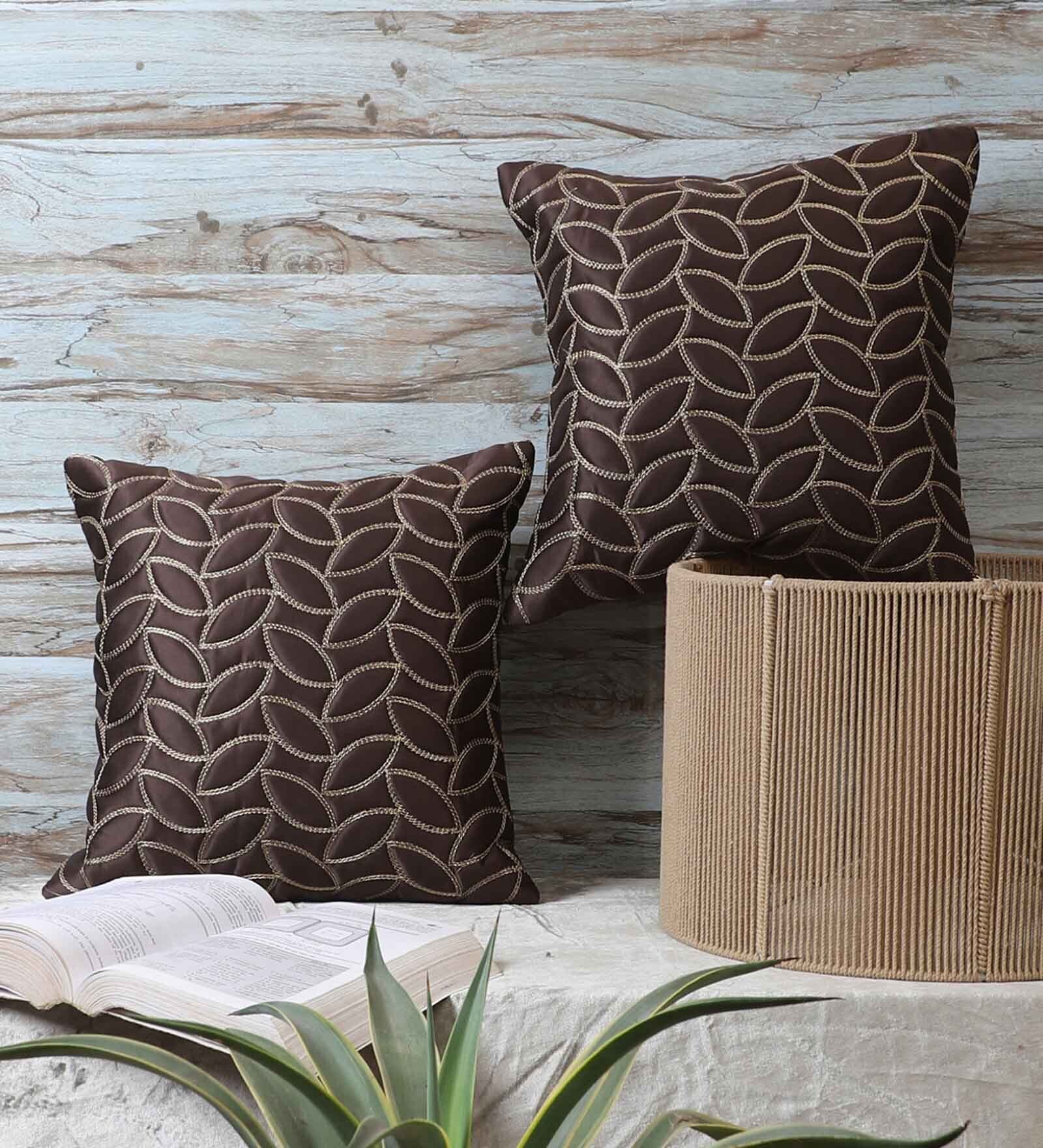 Brown Satin Floral 16x16 inches Cushion Covers (Pack of 2)
