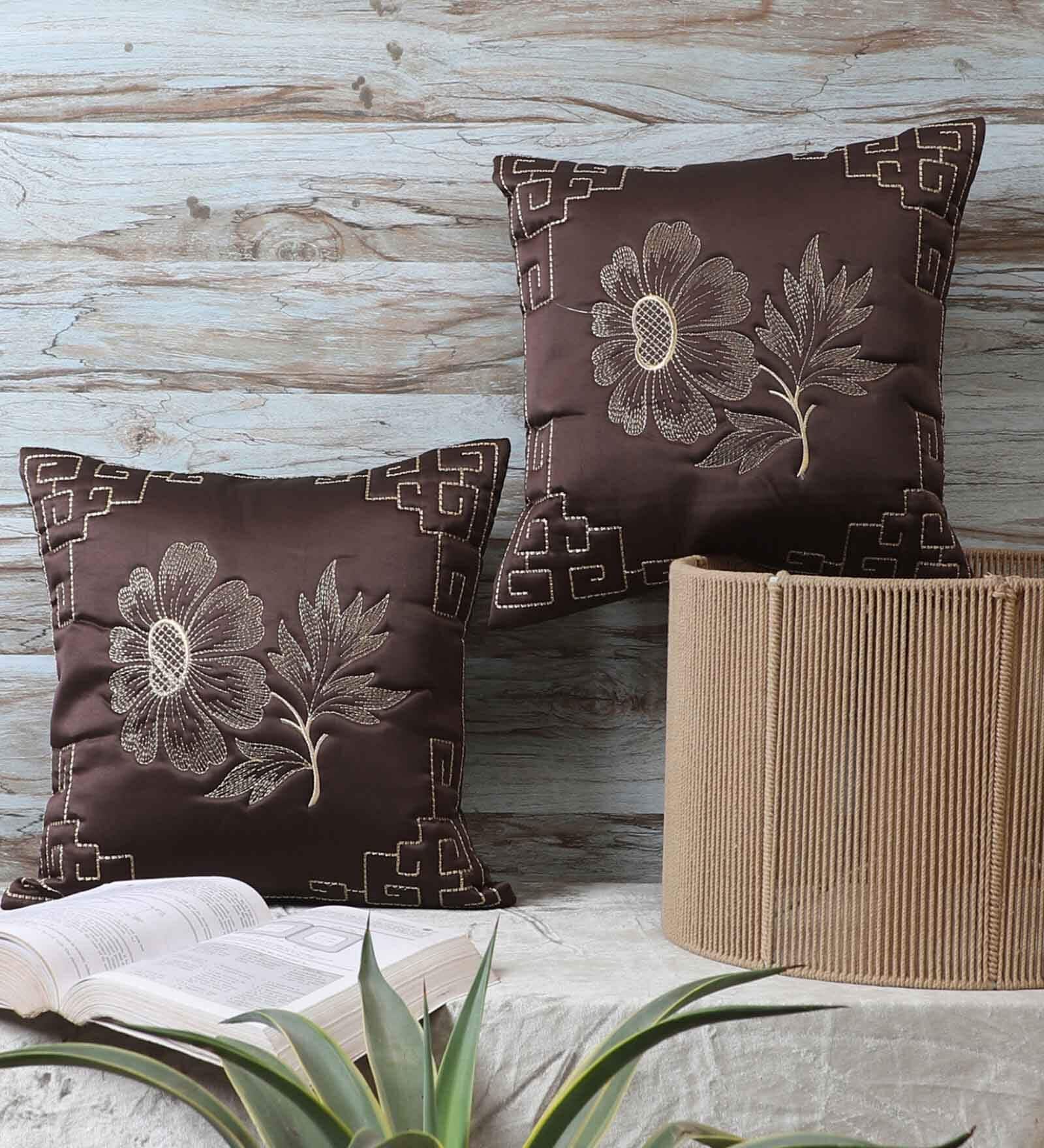 Brown Satin Floral 16x16 inches Cushion Covers (Pack of 2)