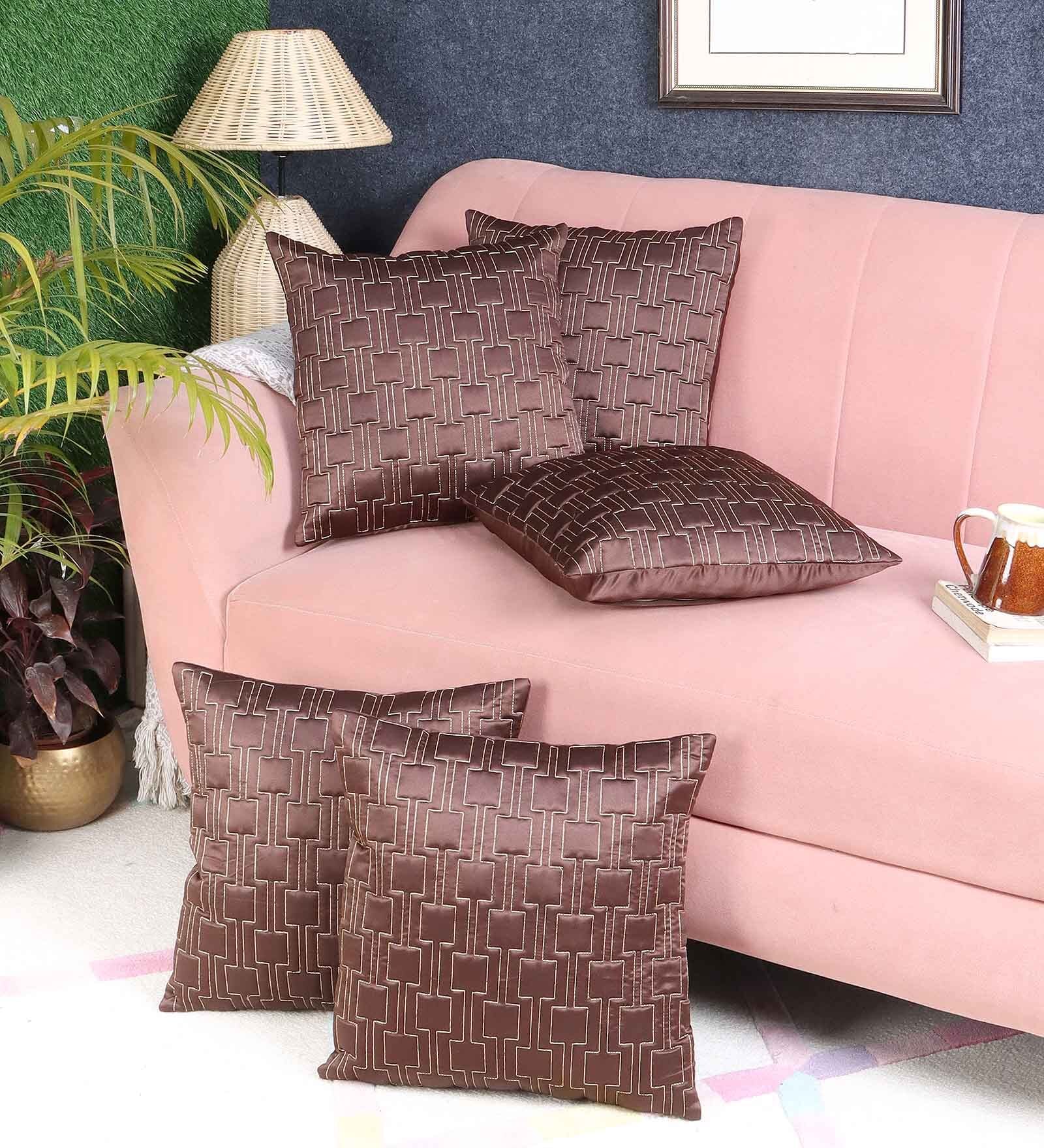 Brown Satin Geometric 16x16 inches (Set of 5) Cushion Covers