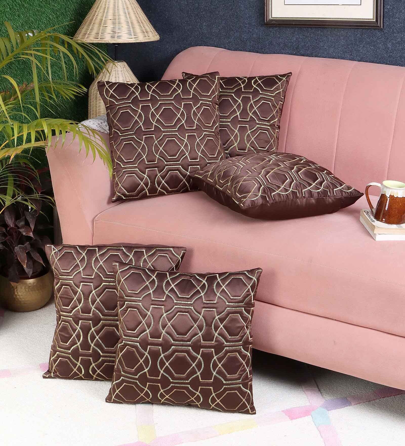 Brown Satin Geometric 16x16 inches (Set of 5) Cushion Covers