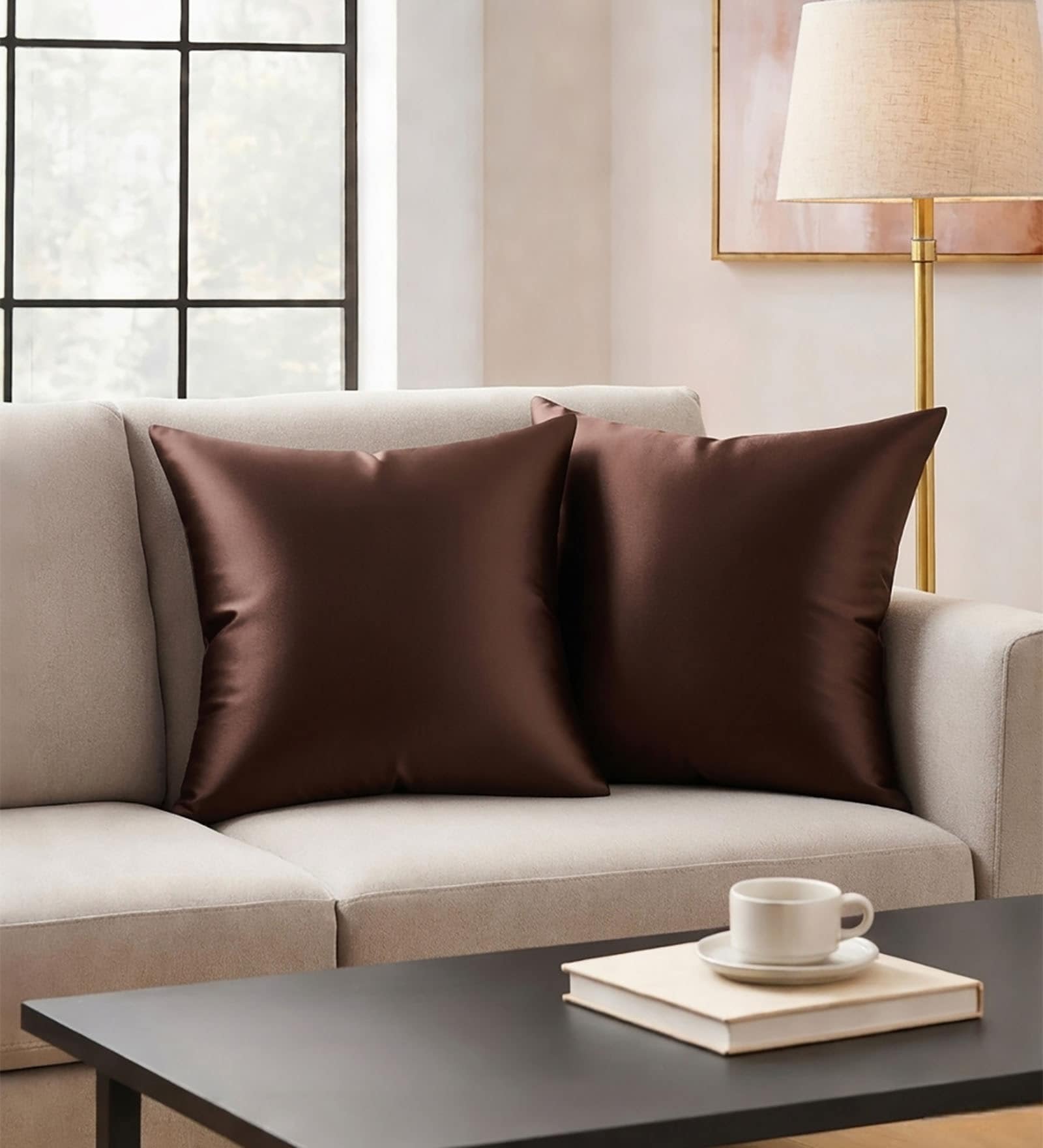 Brown Satin Solid 40x40 inches Cushion Covers Set of 2
